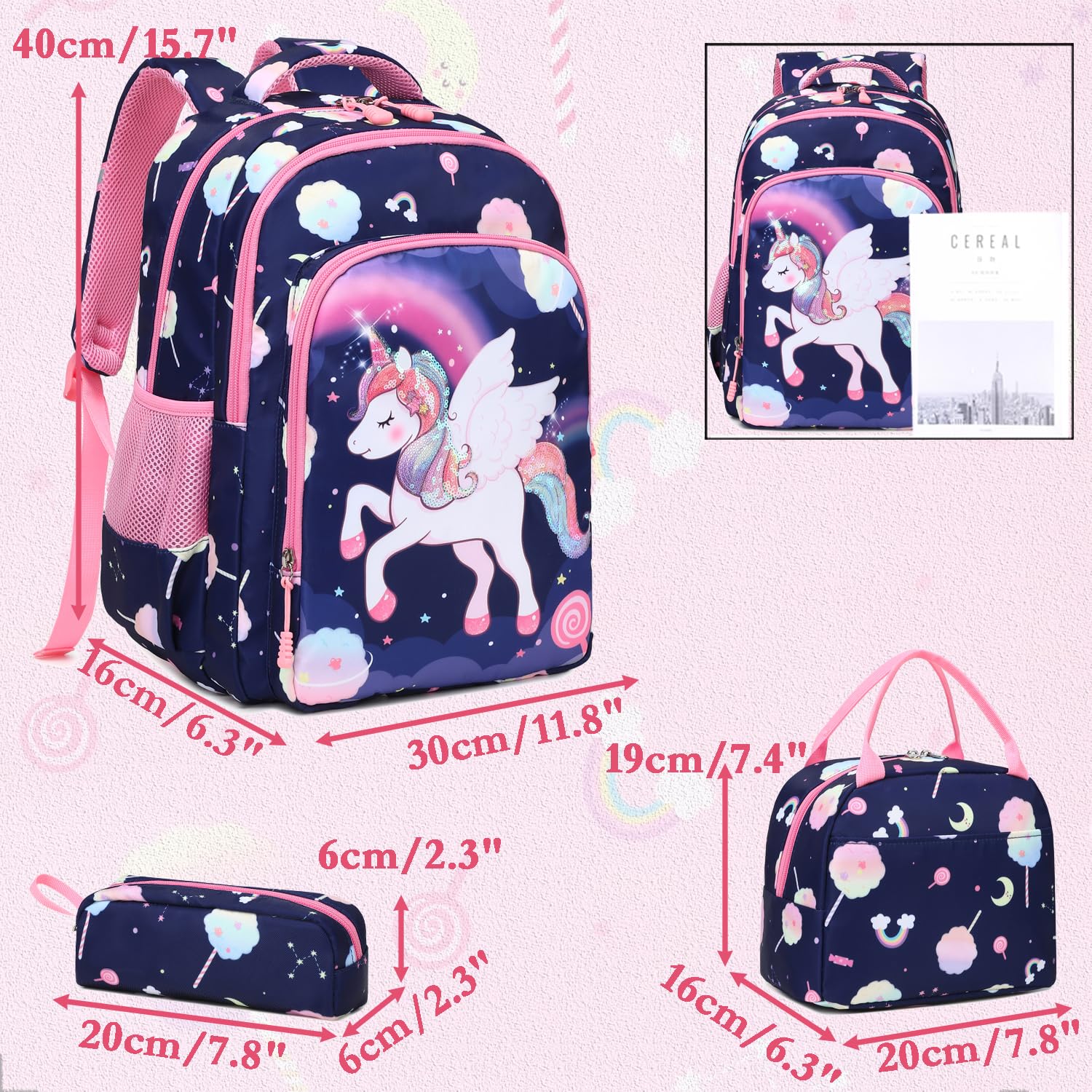 Kimwadalh Mochilas Niñas Primaria Mochila Infantiles Niña Mochilas para Niña 3 en 1 Juegos de Bolsas para Escolares,Viajes, Senderismo