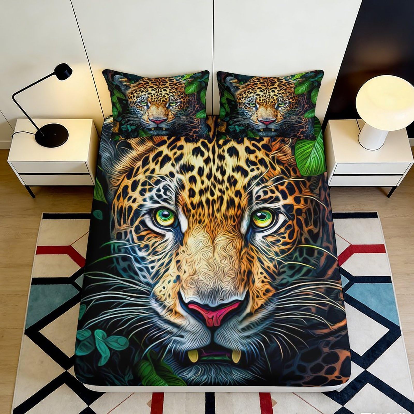 3D Printed Leopard Jungle Fitted Sheet Microfiber Soft Breathable Tiger Forest Mattress Cover for Bedroom Decor 90x200x25cm