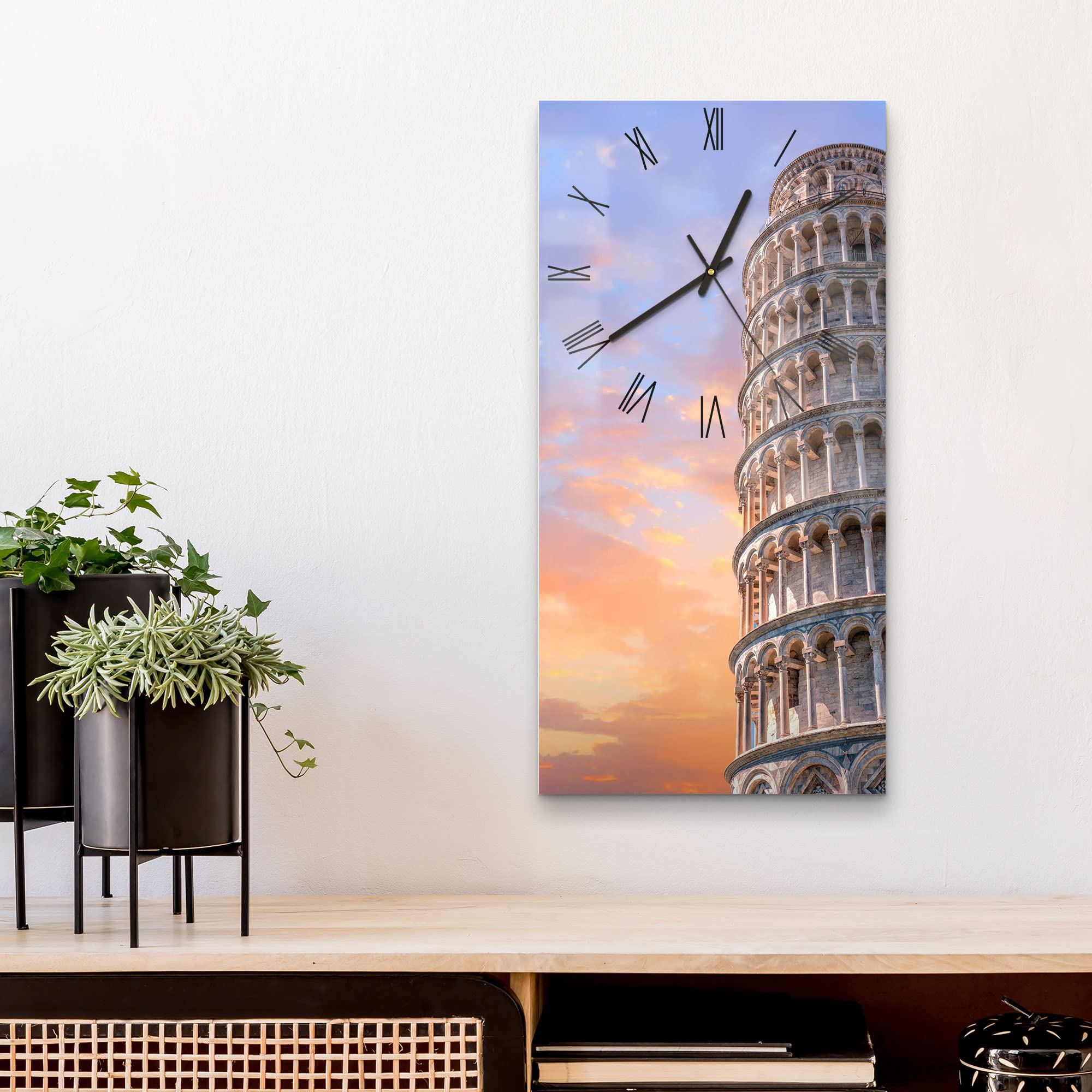 DEQORI Szklany zegar | poziomy 30 x 60 cm | motyw krzywej wieży w Pizie | duży designerski zegar XXL ze szkła | cichy zegar ścienny do salonu i kuchni | nowoczesny zegar na ścianę