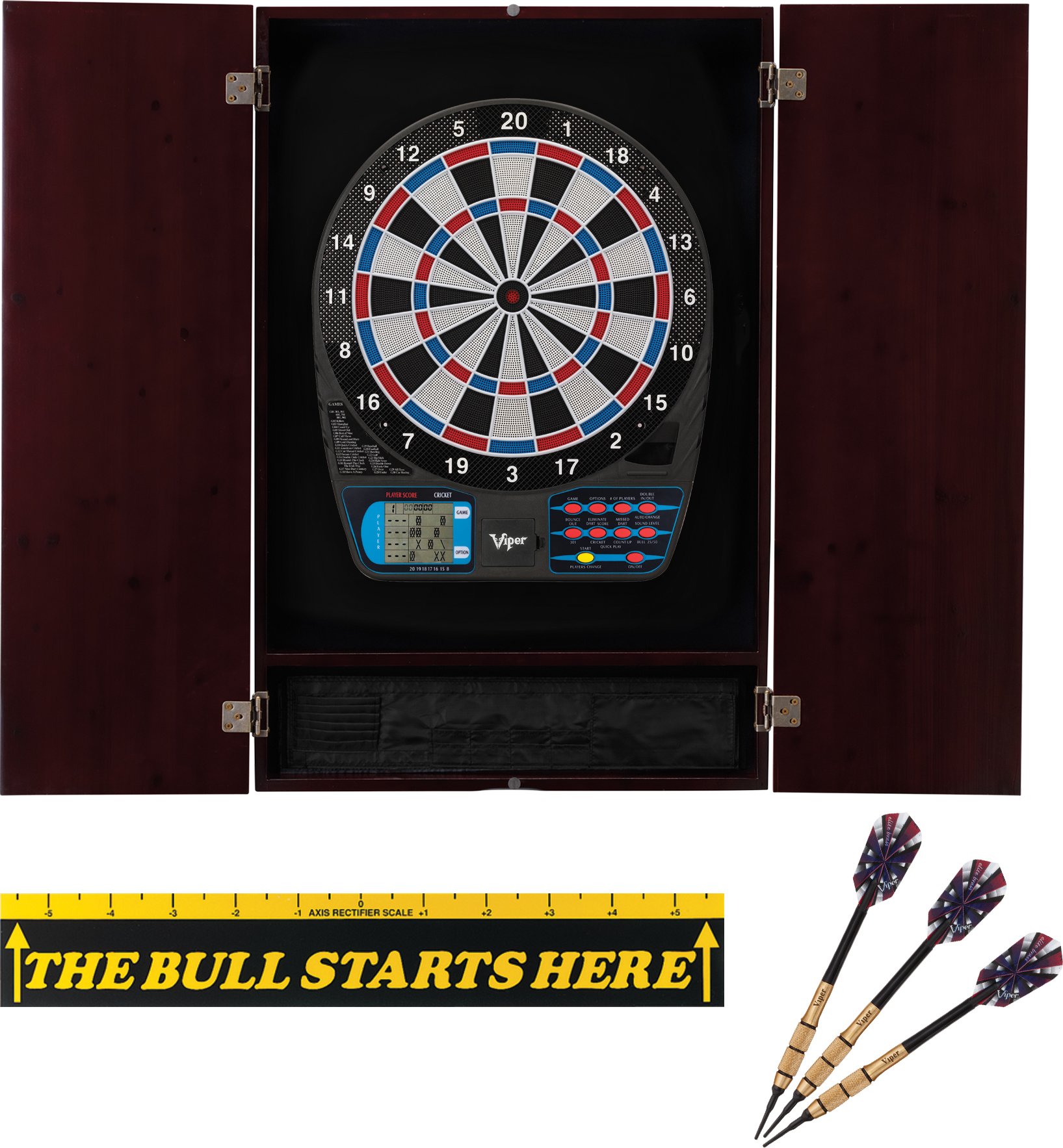 Viper Metropolitan Solid Wood Cabinet & Electronic Dartboard Play-Ready Bundle: 777 Dartboard, Darts and Throw Line, Mahogany Finish