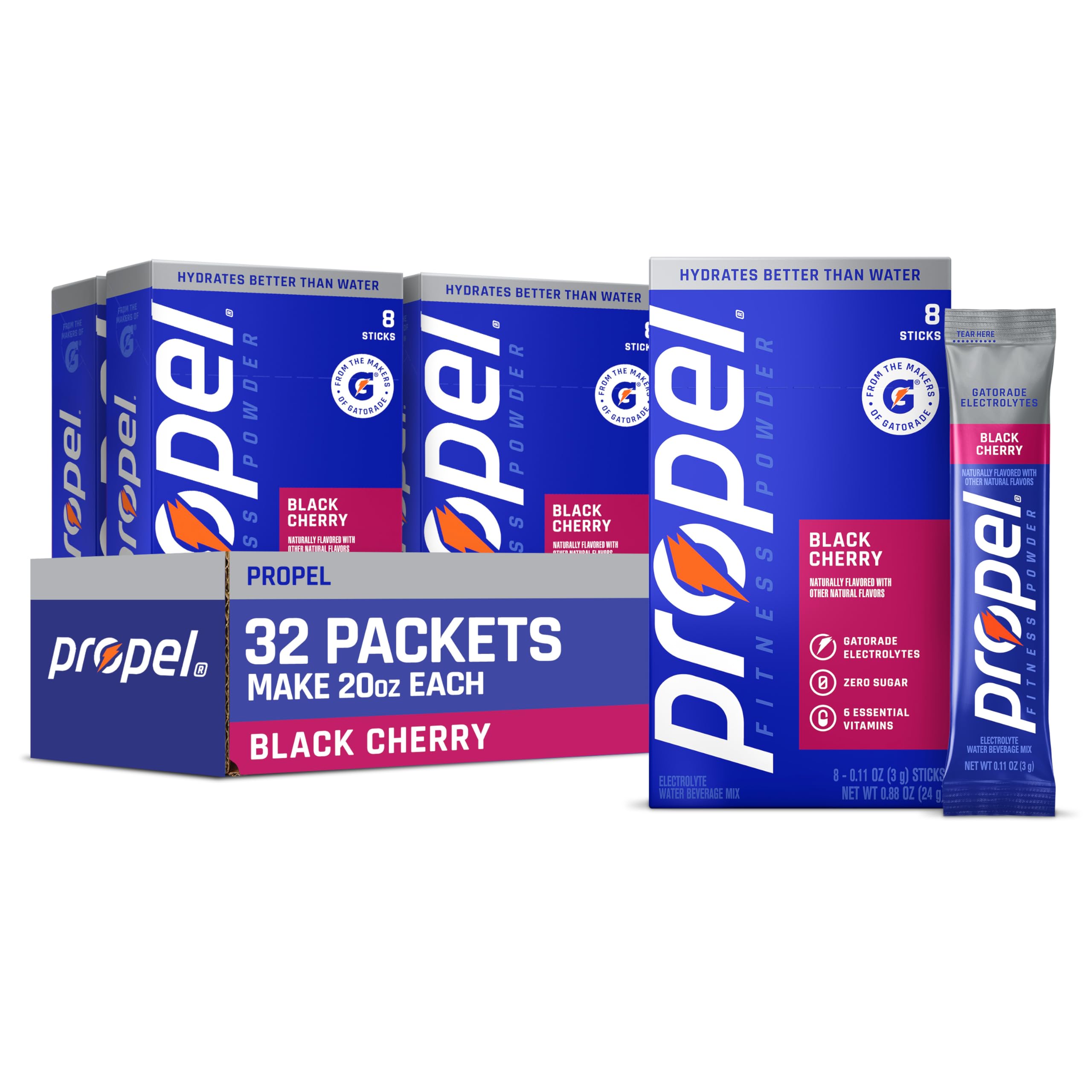 Propel Electrolyte Powder Drink Mix, Black Cherry, (32 Servings), Zero Sugar, Enhanced Water Beverage, Gatorade Electrolytes, Vitamins, No Added Colors, No Artificial Flavors, Hydration