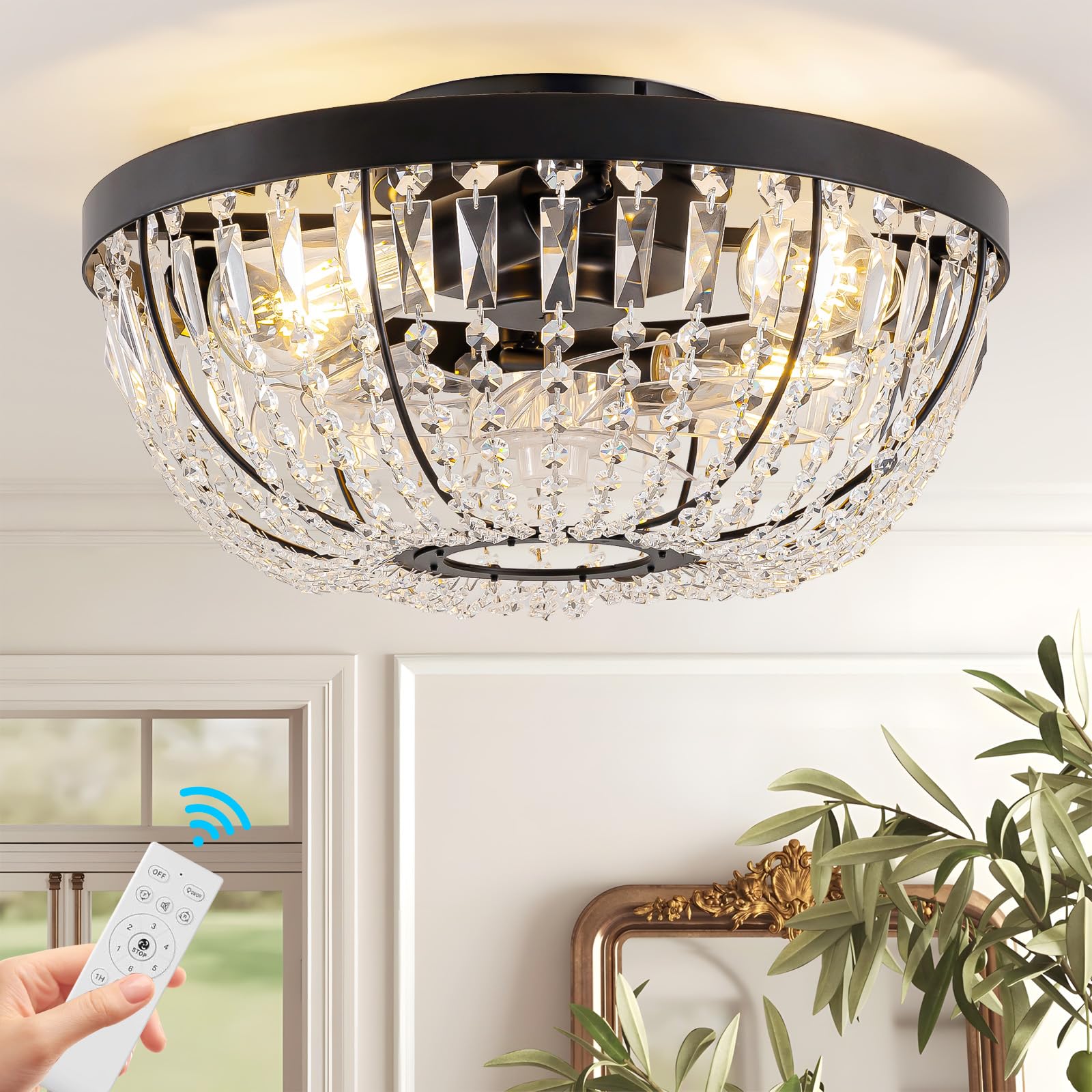 Crystal Caged Ceiling Fan with Light Flush Mount, Crystal Ceiling Fan with Light and Remote, Black Crystal Fandelier Ceilings Fans with Lights for Bedroom, Dining Room, Living Room