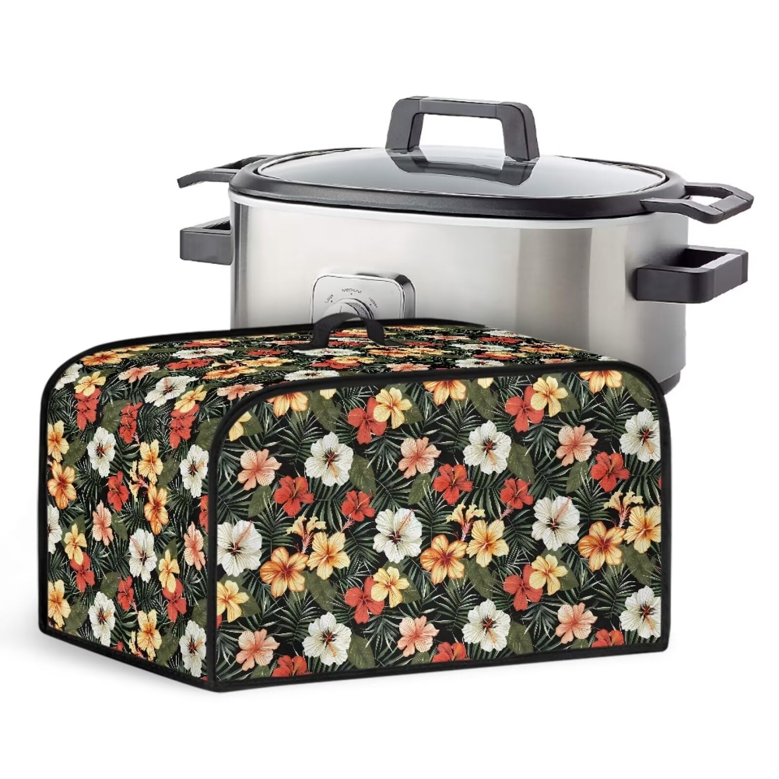 Xoenoiee Tropcial Flowers Print Slow Cooker Dust Cover Novelty Crock Pot Cover with Top Handle and Side Mesh Pocket Versatile Kitchen Appliance Cover