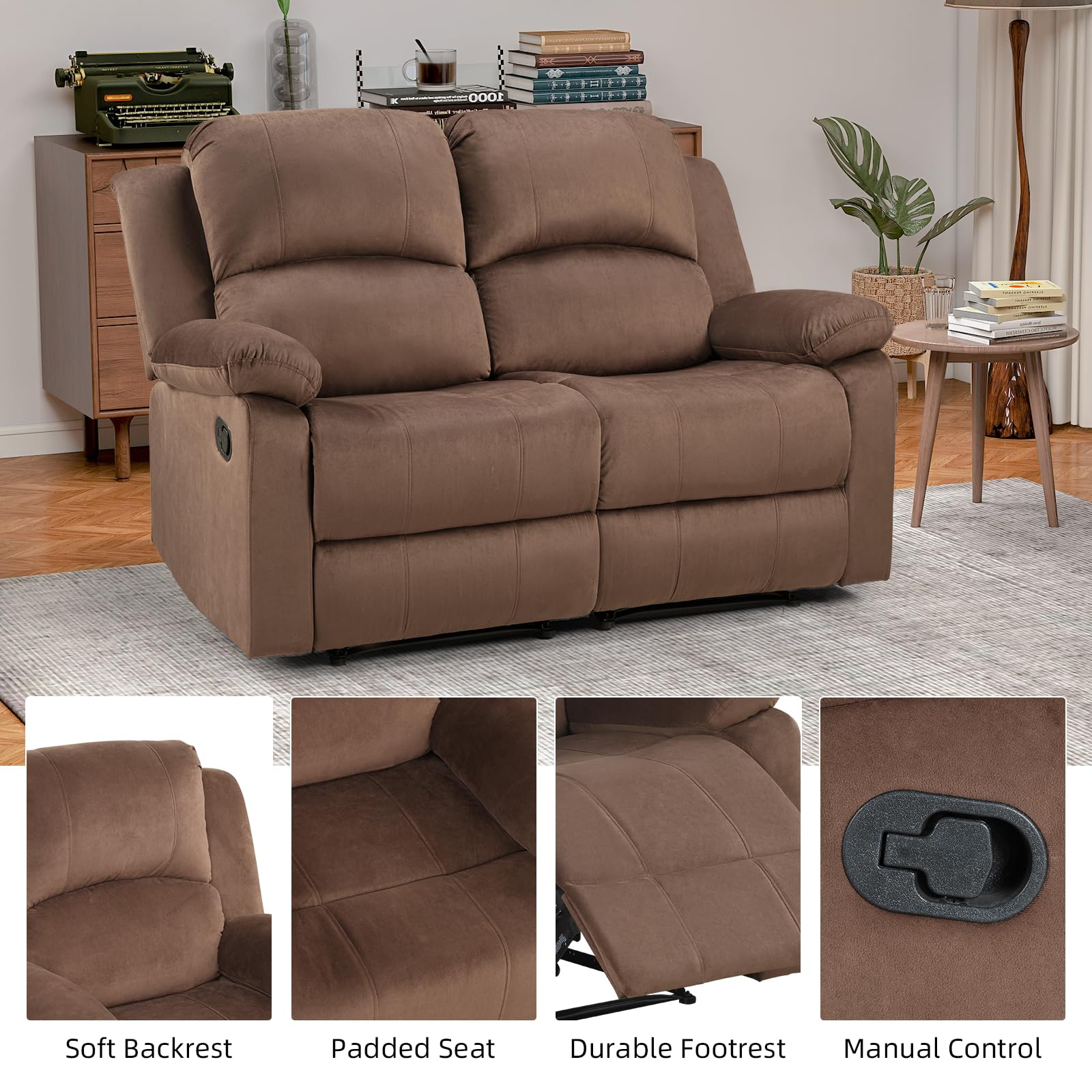 EBELLO Manual Loveseat Recliner Sofa, Soft Microfiber Reclining Couch with Overstuffed Arms and Back, Double Seat Recliner Couch for Living Room, Meeting Room, Brown view 3