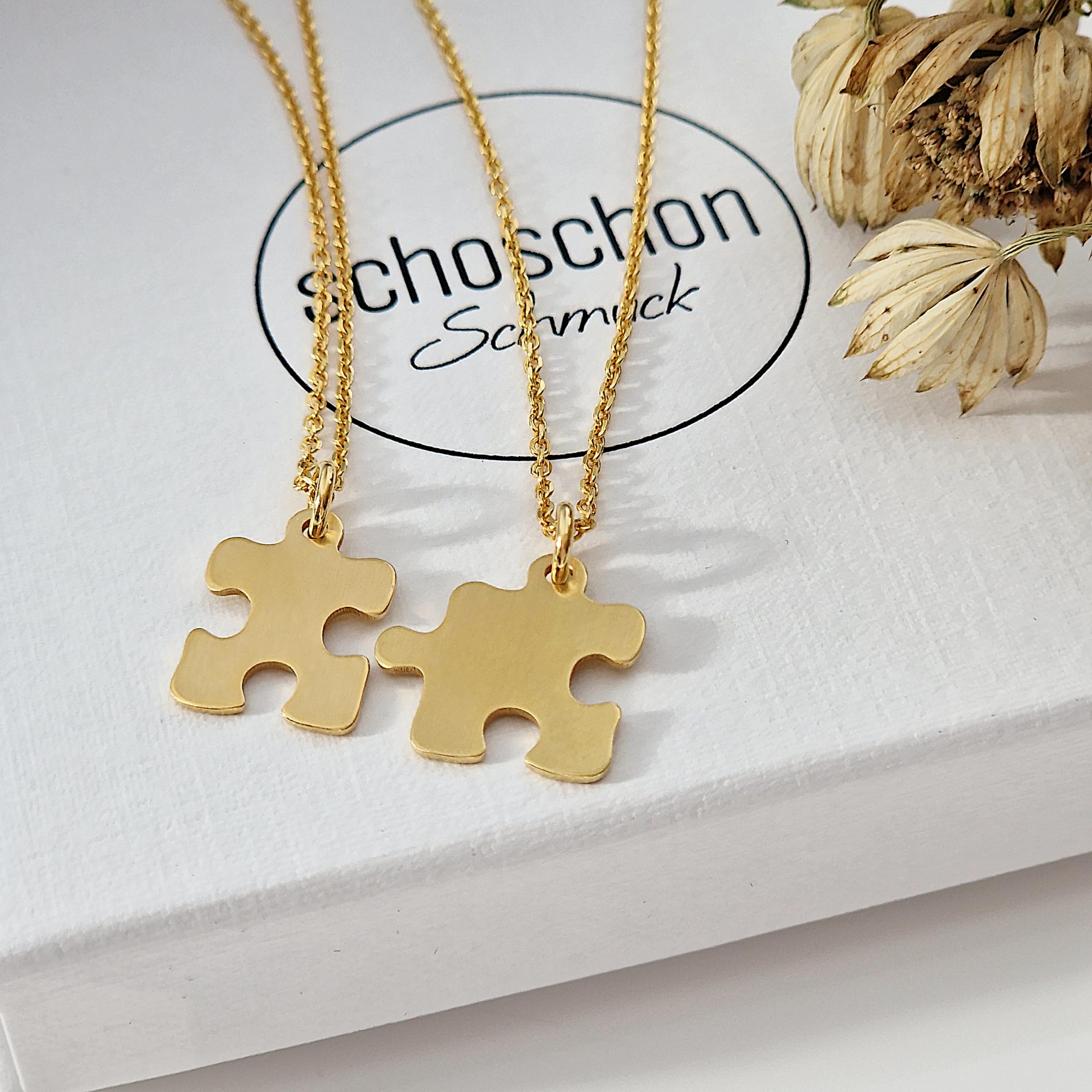 Puzzleteile Halskette Set 925 Silber vergoldet Gravur | personalisierbare Partnerketten Puzzle Geschenke Schwester Mutter Tochter BFF