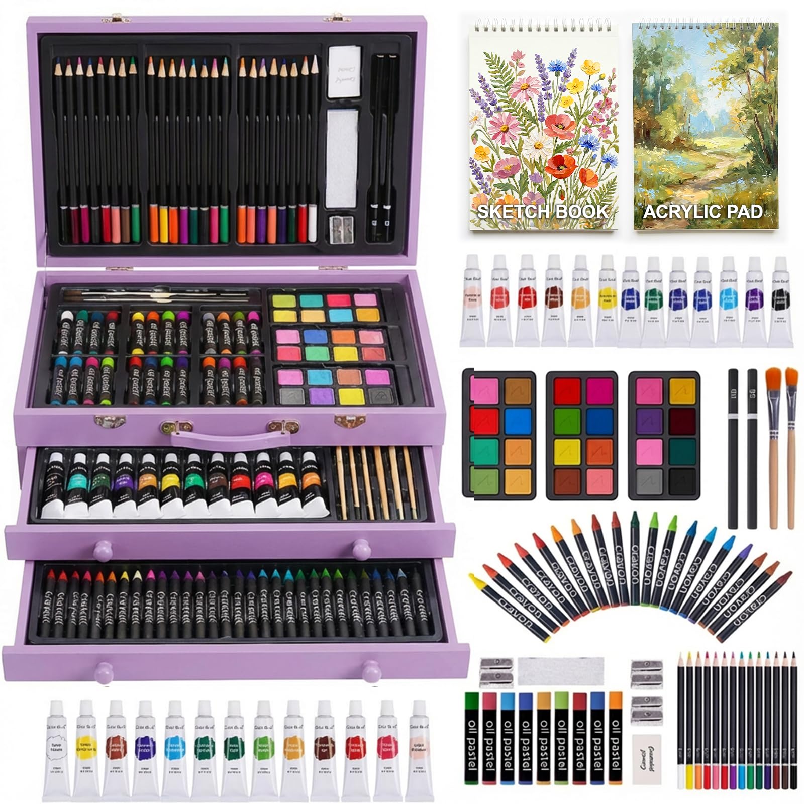 175 Piece Deluxe Art Set with 2 Drawing Pads, Acrylic Paints, Crayons, Colored Pencils, Paint Set in Wooden Case, Professional Art Kit, Art Supplies for Adults, Teens and Artist, Paint Supplies