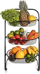Metaltec Fruteira De Chão Em Aço Resistente Com Rodinhas Multiuso Carrinho Organizador 3 Cestos para Cozinha Reforçado - Preto