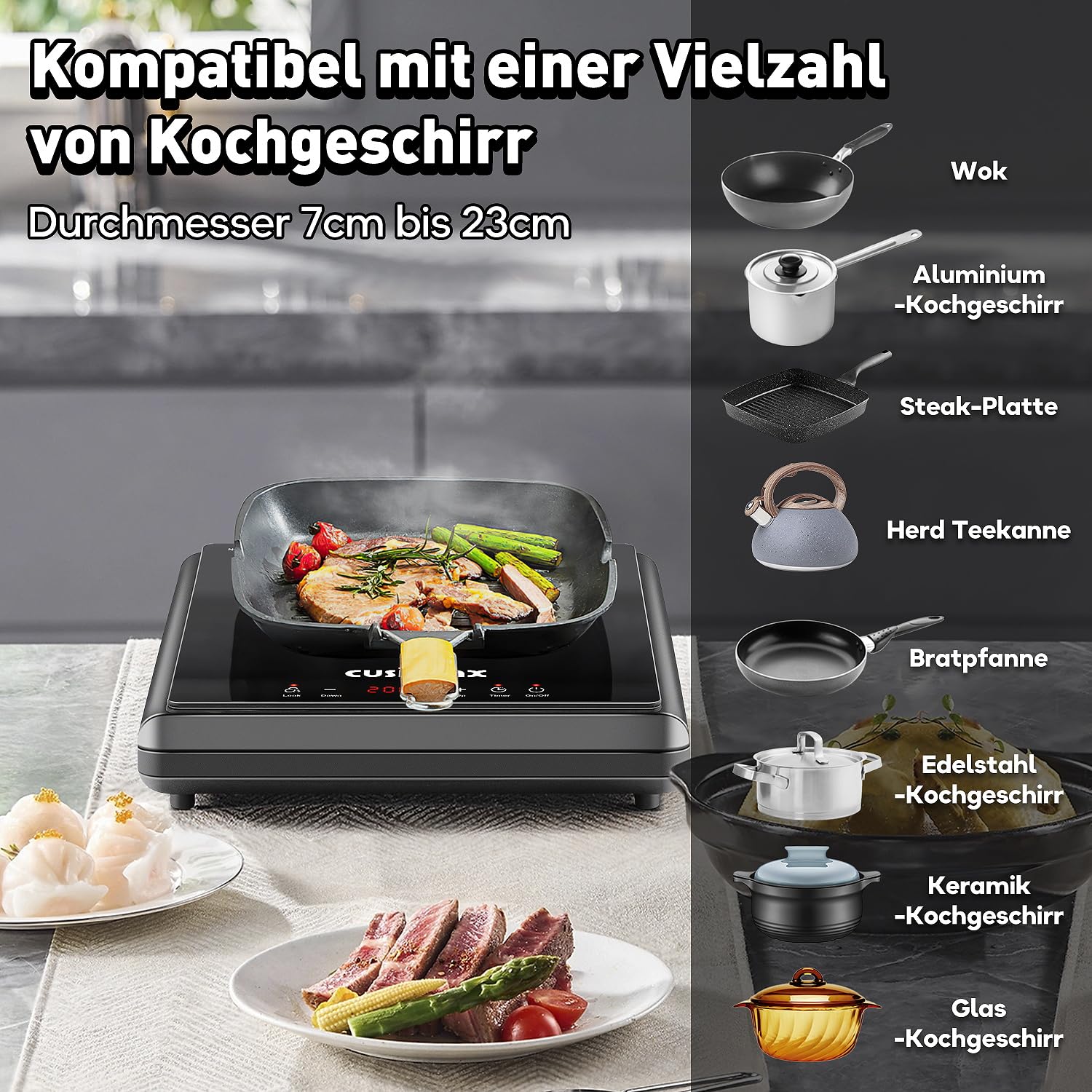 CUSIMAX Kochplatte, 2000W Elektro Kochplatte für zu Hause mit 9 Geschwindigkeiten, keramische Herdplatte Sensor Touch, Kindersicherung und Timer, kompatibel für alle Kochgeräte