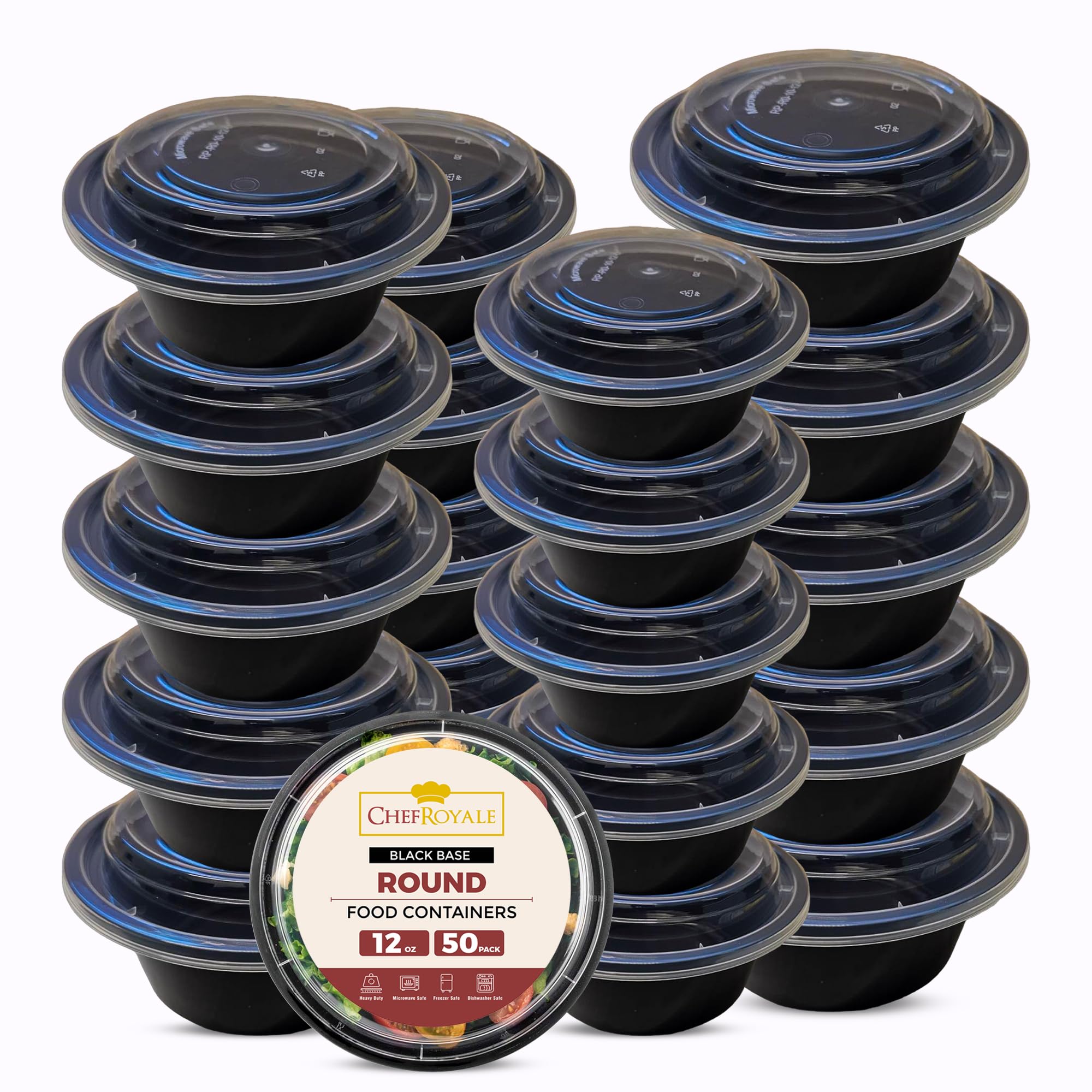 CHEF ROYALE 50x 12oz Round Meal Prep Containers with Lids Reusable Food Containers with Airtight Lids - Microwave & Dishwasher Safe - BPA Free Stackable Lunch Boxes (50, 12oz)