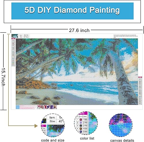 Miniatura 2 de Yunnuo Kits de pintura de diamantes de paisaje para adultos, arte de diamantes de playa 5D, pintura de diamantes de coco, pintura de puntos de