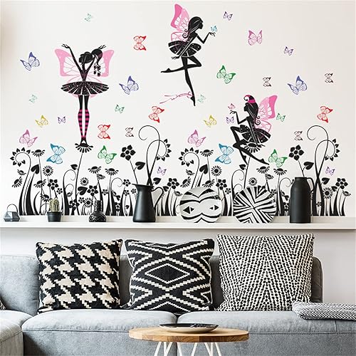 Miniatura 5 de Calcomanías de pared de hadas de flores, 2 hojas autoadhesivas de pared para niñas con flores y mariposas bailarinas para niñas, decoración de
