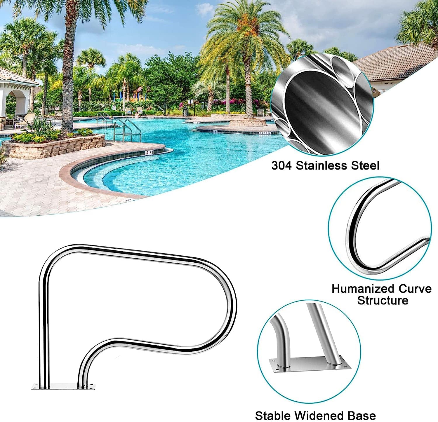 Rampe de Piscine en Acier Inoxydable, Rampe d'escalier pour Spa avec Base à Montage Rapide, rampes à 3 Coudes