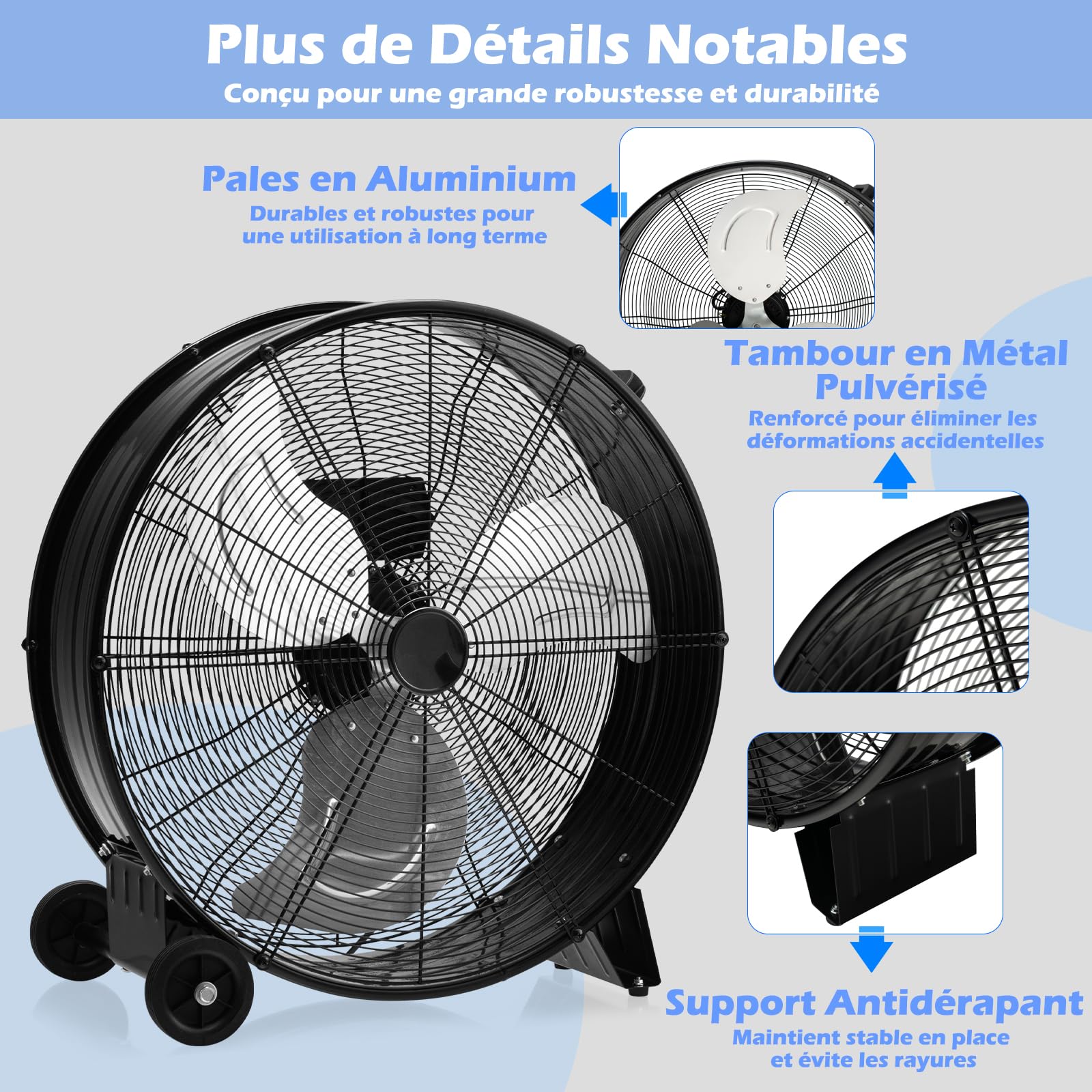 RELAX4LIFE Ventilateur de Sol Industriel 60CM 180W, Ventilateur à Tambour 3 Vitesses Réglables, Mobile à Poignée et Roulettes, Fort Débit d'Air pour Garage, Usine, Magasin (Noir)