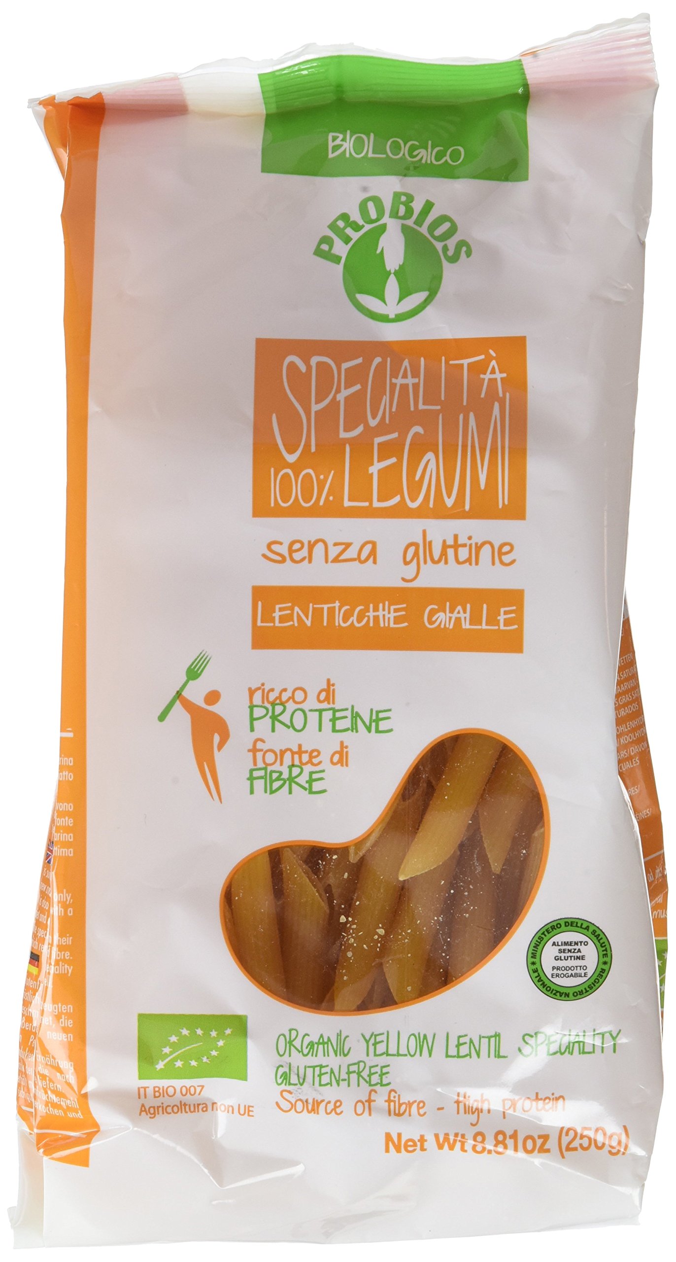 Probios Penne de Lentejas Amarillas Ecológico – Pasta Vegana de Legumbres - Textura Firme y Sabor Suave - Sin Gluten – Paquete de 12 x 250 g