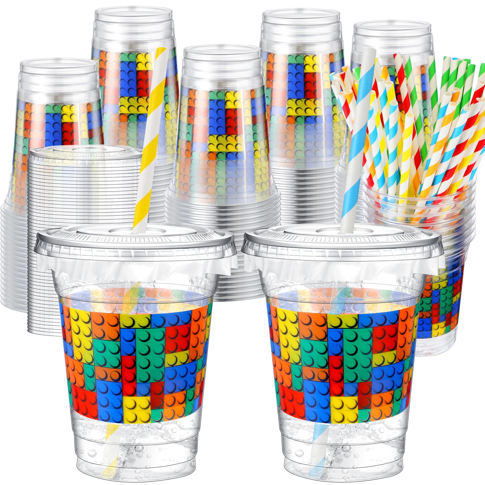 Teenyyou 50 Pcs 12 oz Disposable Plastic Cups with Straws, Lids and Leakproof Paper Clear Birthday Party Cups Supplies Birthday Table Decorations(