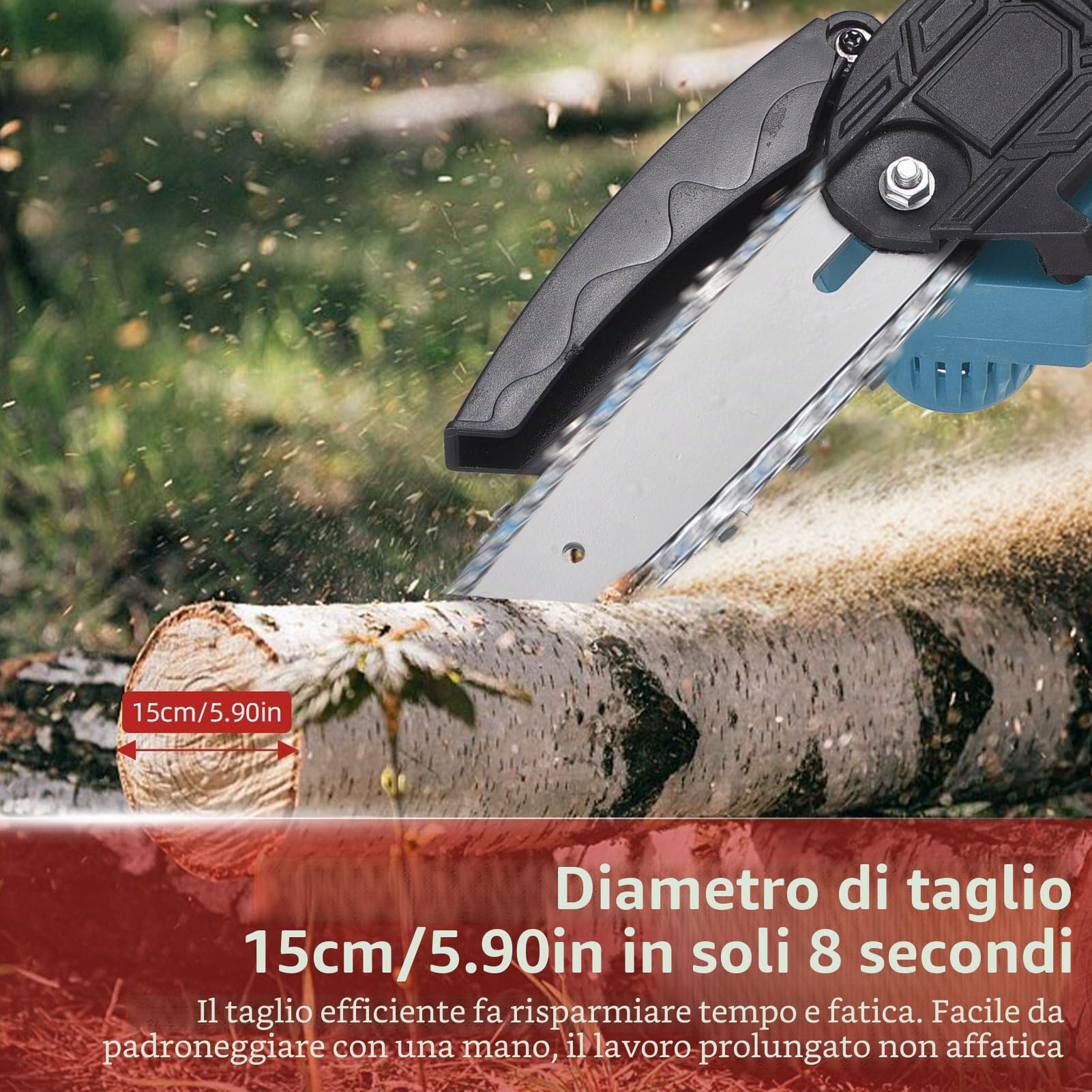 Mini moto batteria 6 e 4 pollici, 21 V moto elettrica a mano piccola potatura batteria, 2 x 2000 mAh, 2 catene, per tagliare rami e legno nel giardino