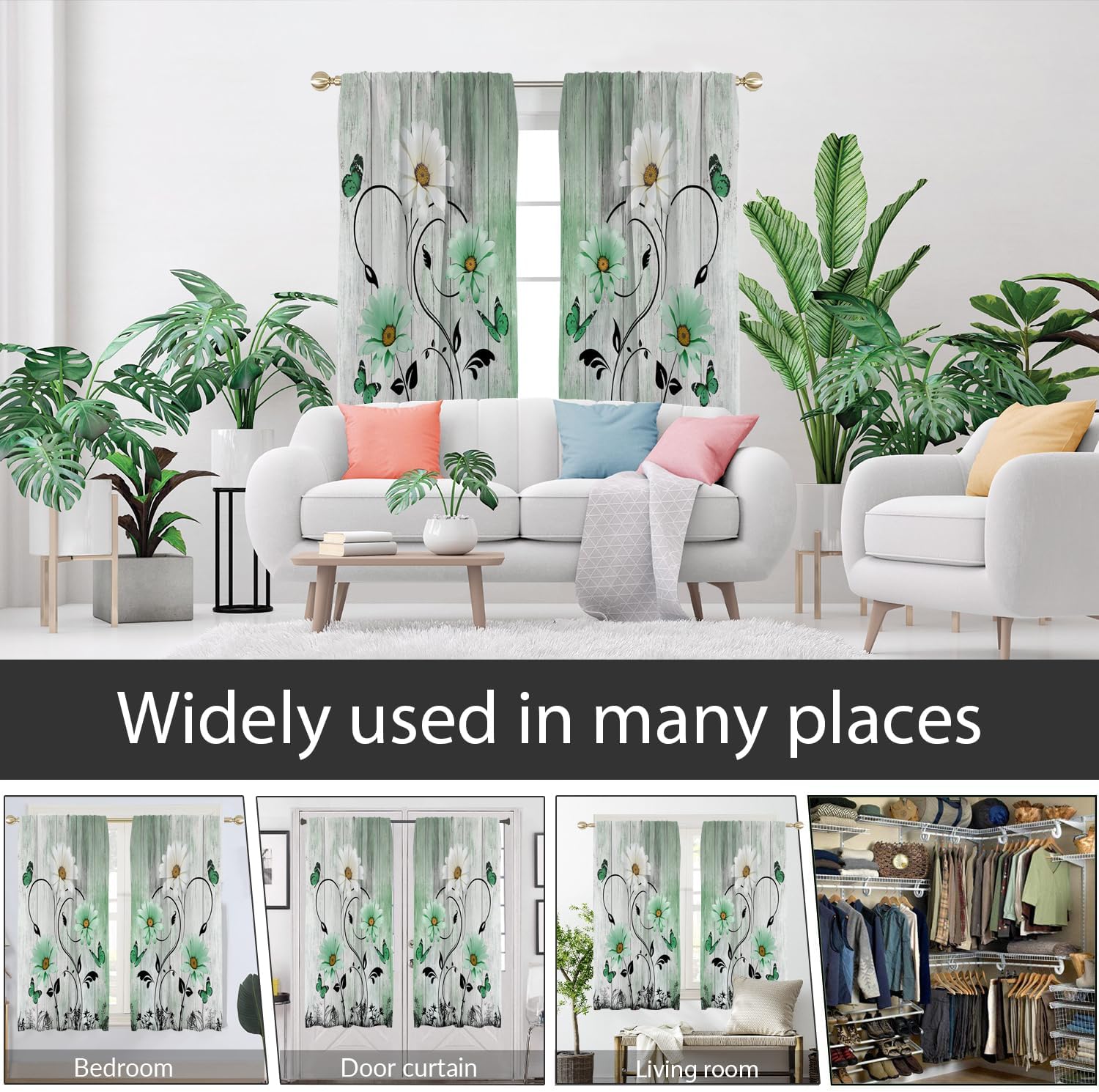 AAtter Green Floral Window Curtain Farmhouse Sage Vintage Rustic Flower Butterfly Retro Country Spring Living Room Bedroom Rod Pocket Drapes Treatment Fabric 1 Pair Home Decor, 42" W x 63" L, Pretty