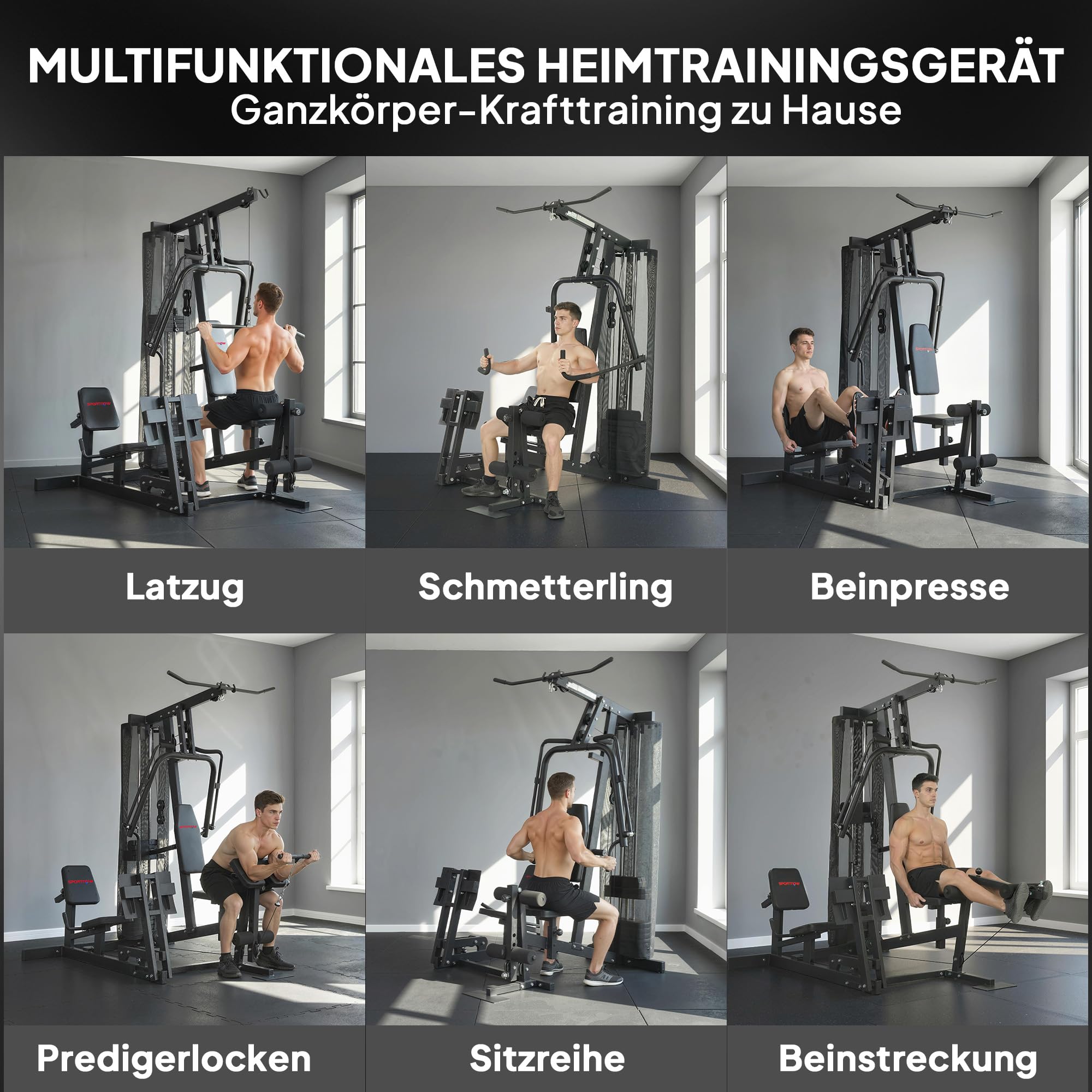 SPORTNOW Kraftstation mit Latzug Butterflystange 65kg Gewichten Seil | Fitnessstation, Beinpresse, Multifunktion Krafttraining, bis zu 120kg Belastbar, Trainingsstation für Zuhause