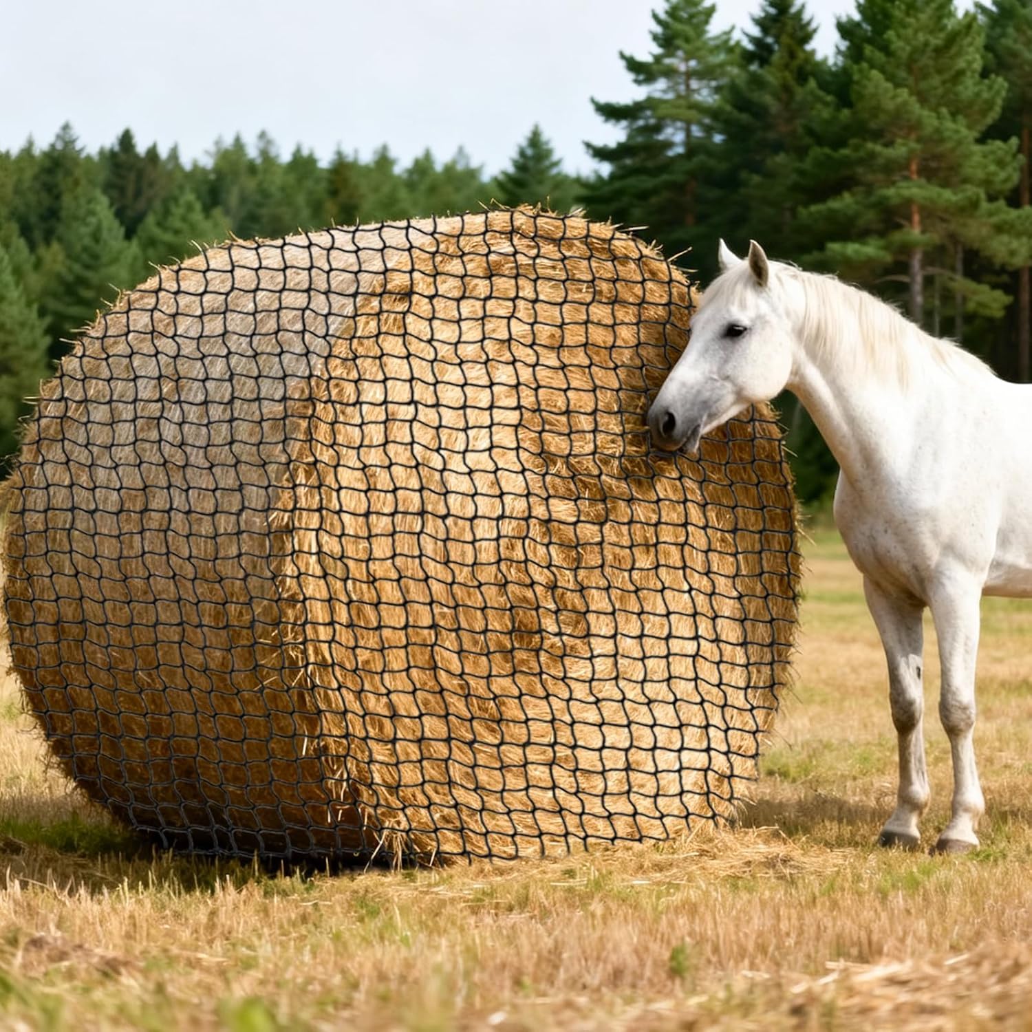 5x5ft Bolded Round Bale Hay Net for Horses, Goats & Livestock - Heavy Duty Knotless Slow Feeder Hay Net with 2-Inch Mesh, Reduces Hay Waste Round Bail Hay Feeder in Farms and Homes