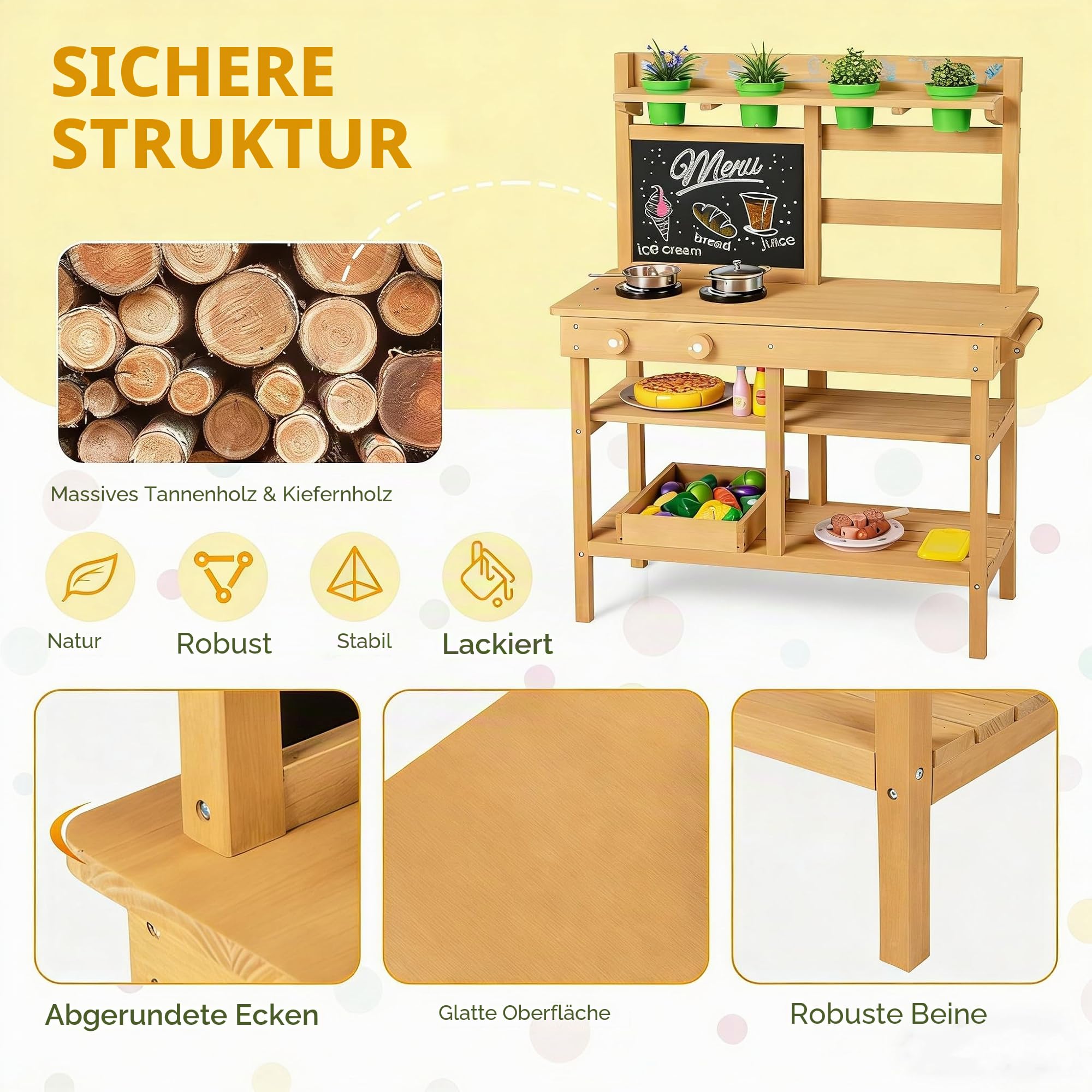 DREAMADE Matschküche Kinder Outdoor, Kinderküche mit abnehmbaren Spülen, Tafel, Herd, Blumentöpfen & Gartenwerkzeugen, Spielküche Holz, Outdoor Küche für Jungen & Mädchen ab 3 Jahren