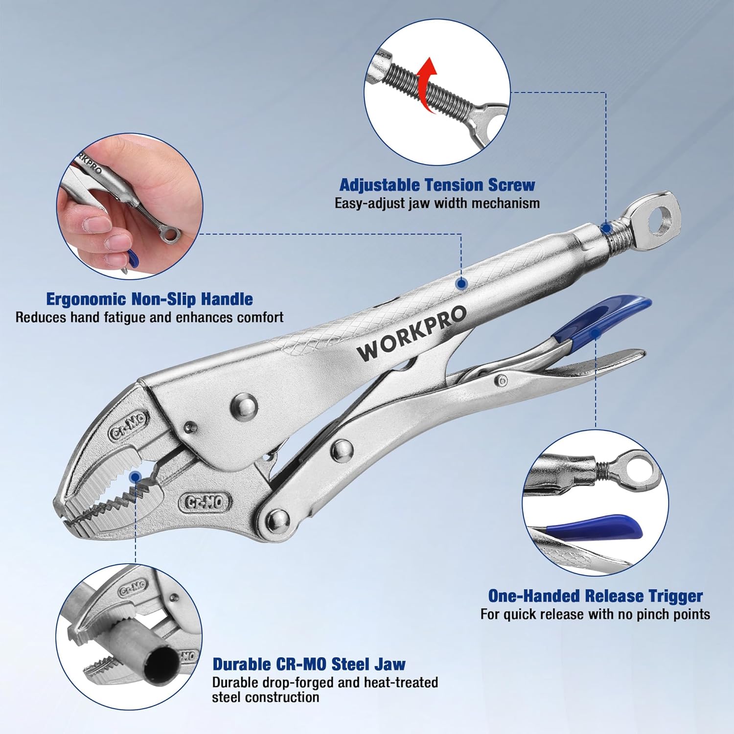 WORKPRO 10" Curved Jaw Locking Pliers with Screw Extractor, CR-MO Steel Construction with Perforated Screw, Multipurpose Clamping Tool for Automotive, Welding, and Home DIY