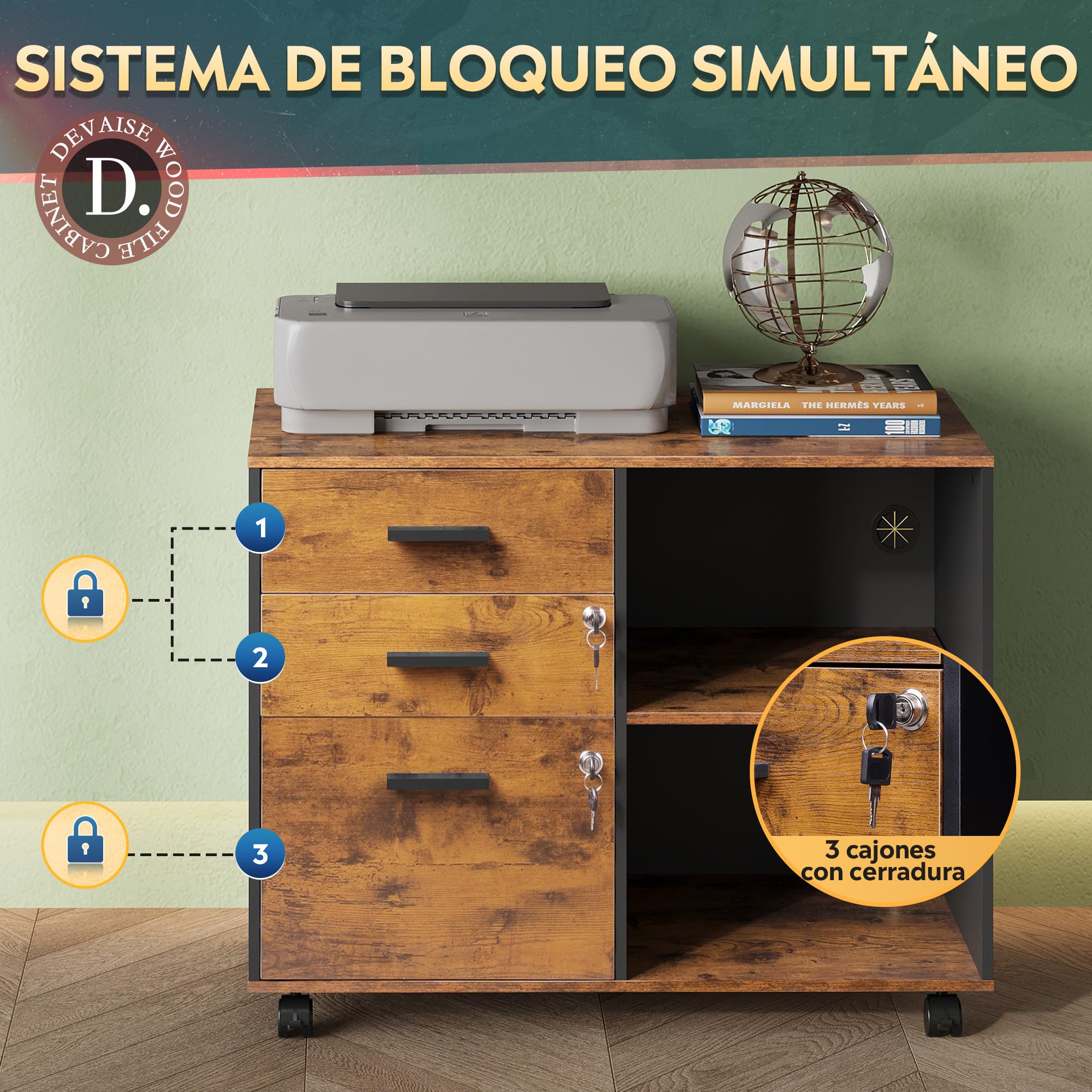 DEVAISE Carro Archivo 3 Cajones con Tablero Madera, Mueble para Impresora Diseño Retro, Marrón