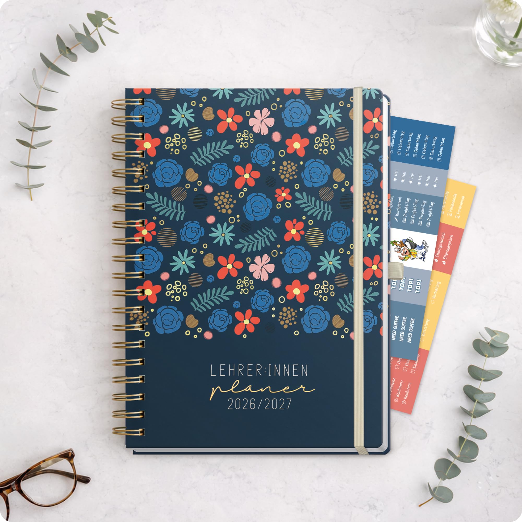 Häfft® Lehrerplaner 2026/2027 A4+ Deluxe – Großer Lehrerkalender & Schulplaner 26/27 mit Hardcover & Spiralbindung "Flowers & Leaves" – Für Grundschule, weiterführende Schulen & Referendariat