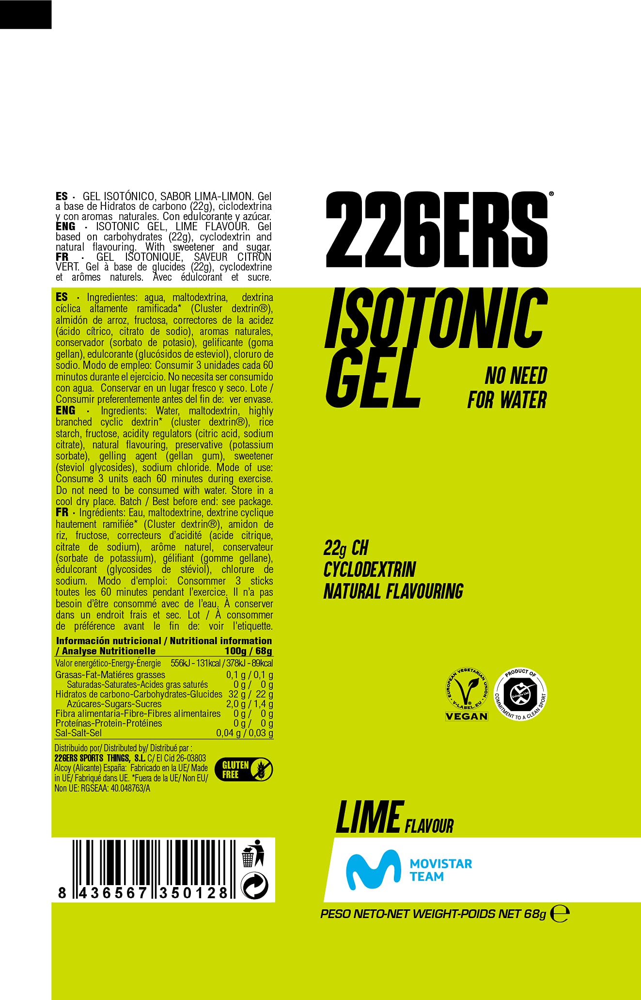226ERS Isotonic Gel | Gel Isotonico con Ciclodestrina come Carboidrato, Gel Energetico Isotonico Vegano per Idratazione, Energia e Resistenza, Lime - 24 Unità