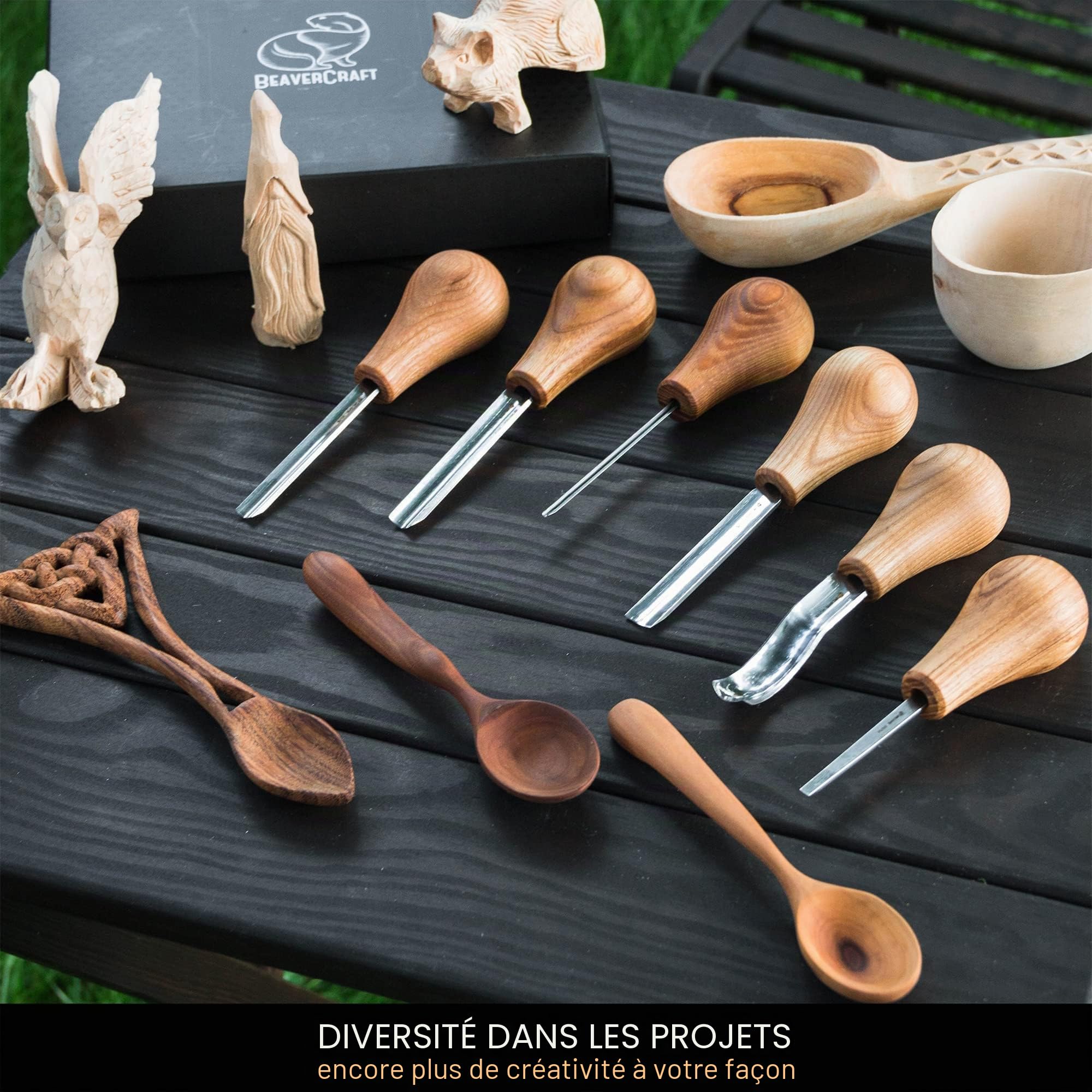 BeaverCraft Kit Gouges Sculpture Bois SC05 – Ensemble Ciseaux Bois avec Gouge Paume, Ciseau Plat, Courbé Court, Ciseaux V – Couteaux Whittling, Outils Sculpture Débutants & Professionnels