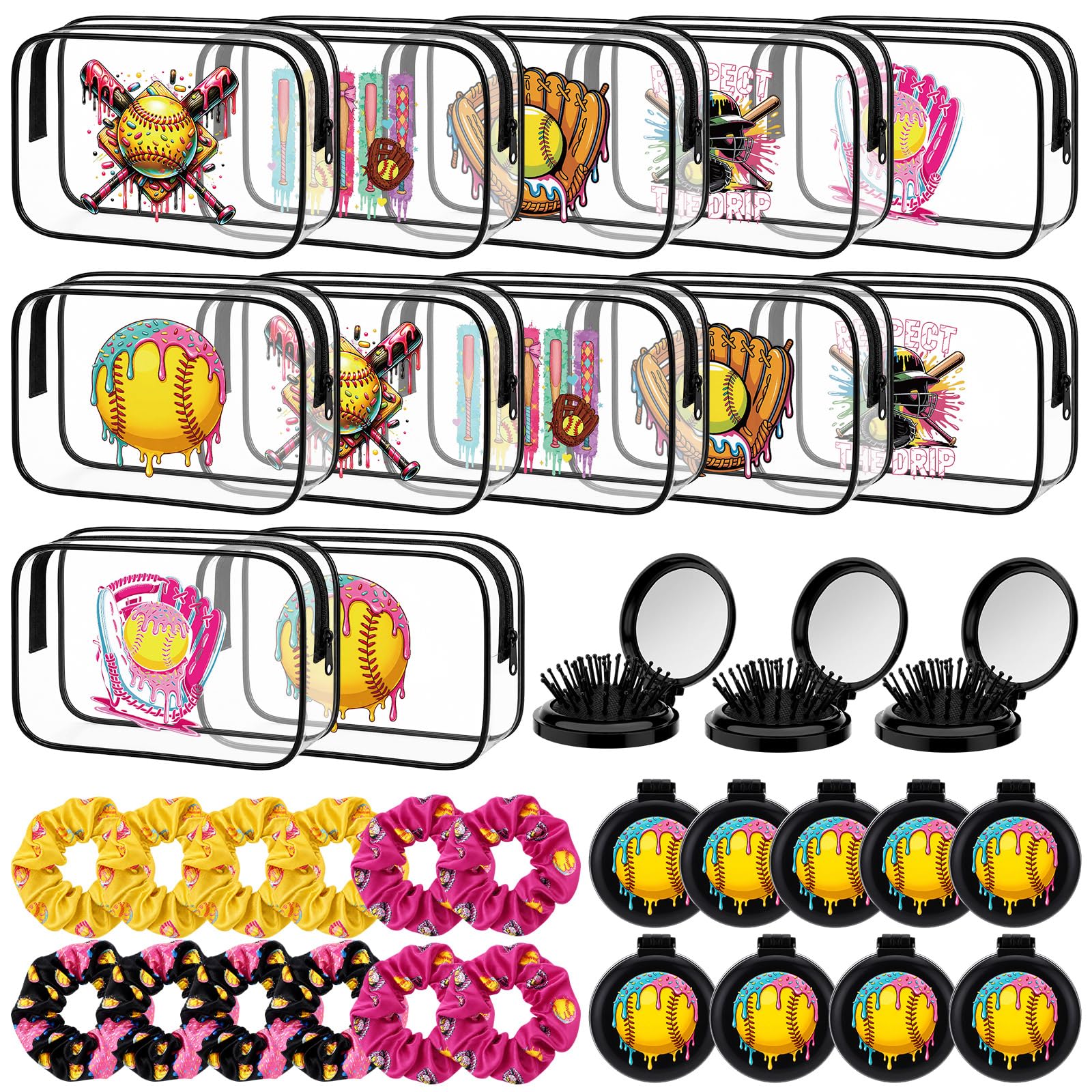 36 Pcs Softball Ice Cream Drip Gifts for Women Makeup Bag | 12 Softball Cosmetic Bag Sport, Sport Hair Scrunchies, Round Portable Folding Brush Mirror, Coach Team Gifts