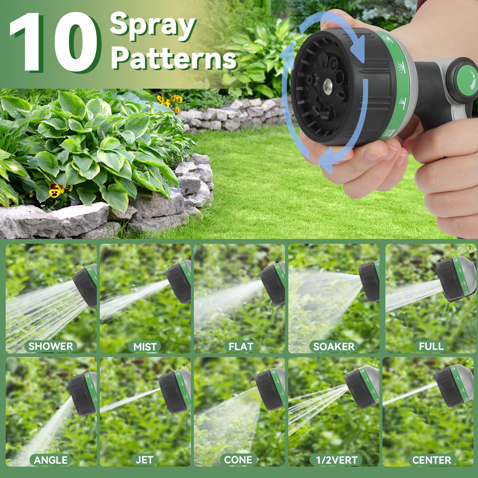 Boquilla de manguera de jardín resistente, boquilla de manguera de agua de metal con 10 patrones de pulverización ajustables, boquilla rociadora de manguera de alta presión, válvula de encendido y