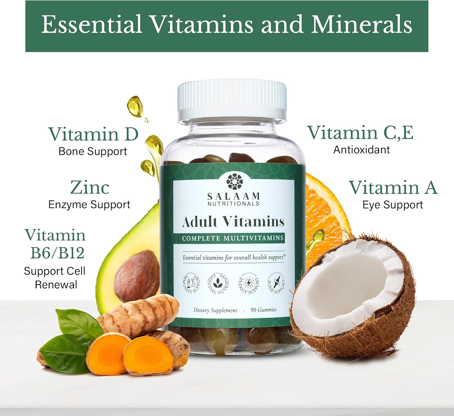 Salaam Nutritionals - Adult Multivitamins, Vitamin Gummies for Women and Men, Multivitamins for Adults with 11 Essential Vitamins and Minerals, 90 Count, 1 Pack.