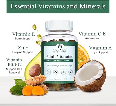 Salaam Nutritionals - Adult Multivitamins, Vitamin Gummies for Women and Men, Multivitamins for Adults with 11 Essential Vitamins and Minerals, 90 Count, 1 Pack.