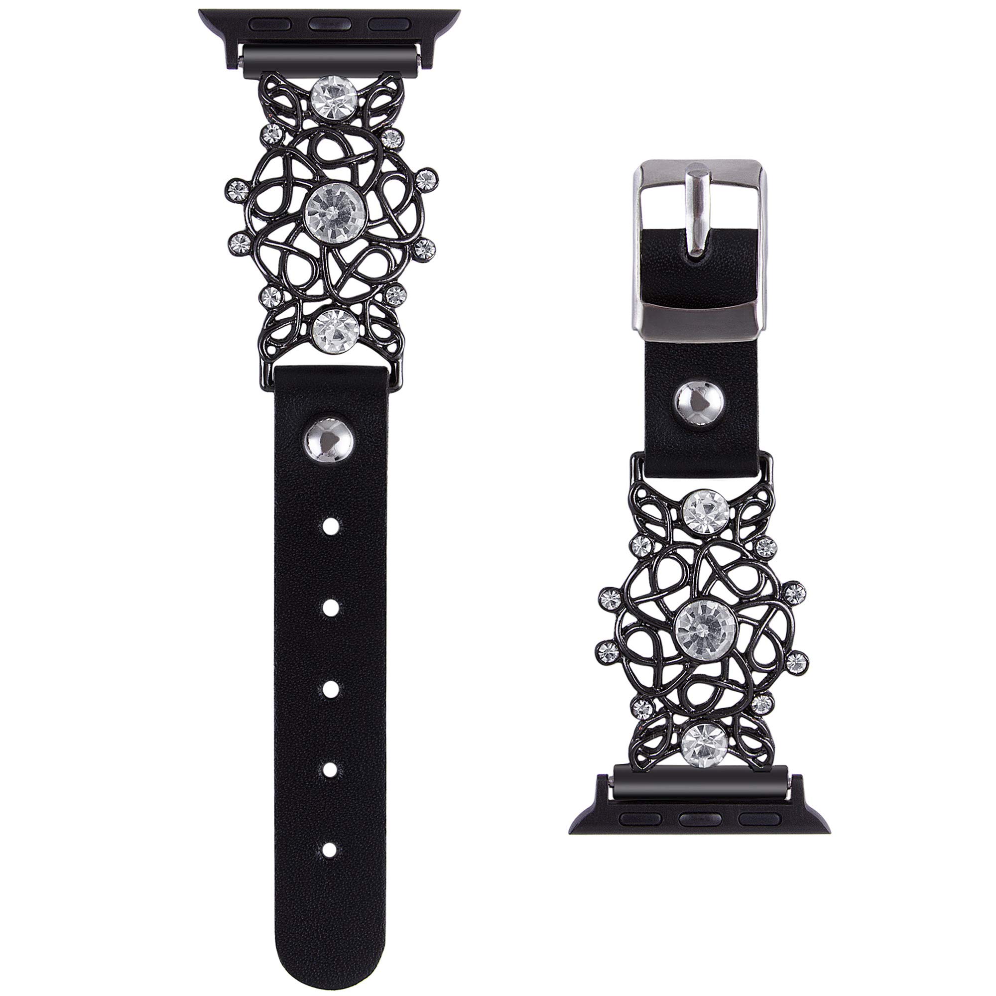 VIQIV Bling Jewelry Band Compatible with Apple Watch Ultra Band 38mm 40mm 41mm 42mm 44mm 45mm 49mm Iwatch Series SE 8/7/6/5/4/3/2/1 for Women Girls, Delicate Charm Metal Bracelets Dressy Strap, Black