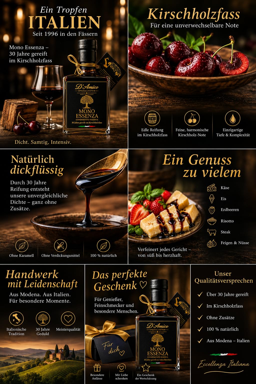 D'Amico Mono Essenza Condimento Riserva – 100 ml | 30 Jahre im Kirschholzfass gereift, Außergewöhnliche Dichte durch natürliche Reifung