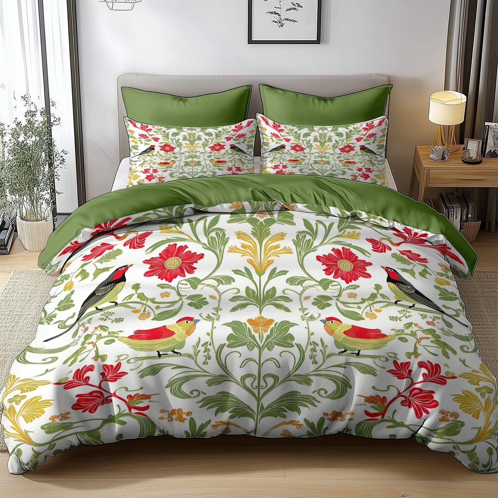 3D Reversible Duvet Cover Set William Morris Birds Flowers Vines Printed Bedding Green Duvet Cover 3 Pcs Zipper Bedding Set 135x200cm Soft Hypoallergenic Microfiber Quilt Cover for Kids Adults
