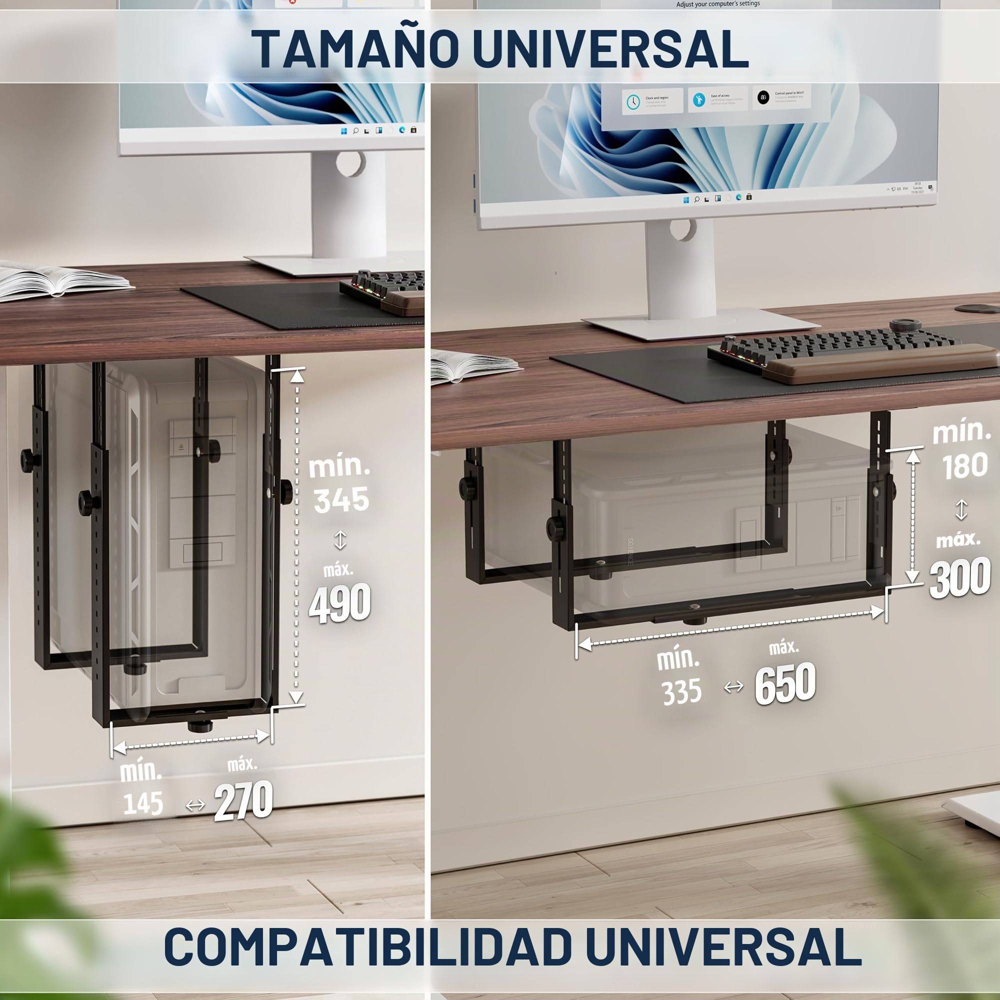 RICOO Soporte Torre PC Montaje Debajo Escritorio TRH02-B Ajustable Extensible Instalación de Ordenador bajo de Mesa Horizontal Vertical Negro