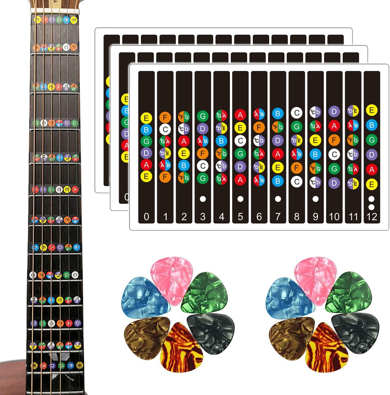 Guitar Chord Poster Guitar Note Stickers + Chord Chart Set - Color-Coded Fretboard Decals For Beginners (6-String) Guitar Decals