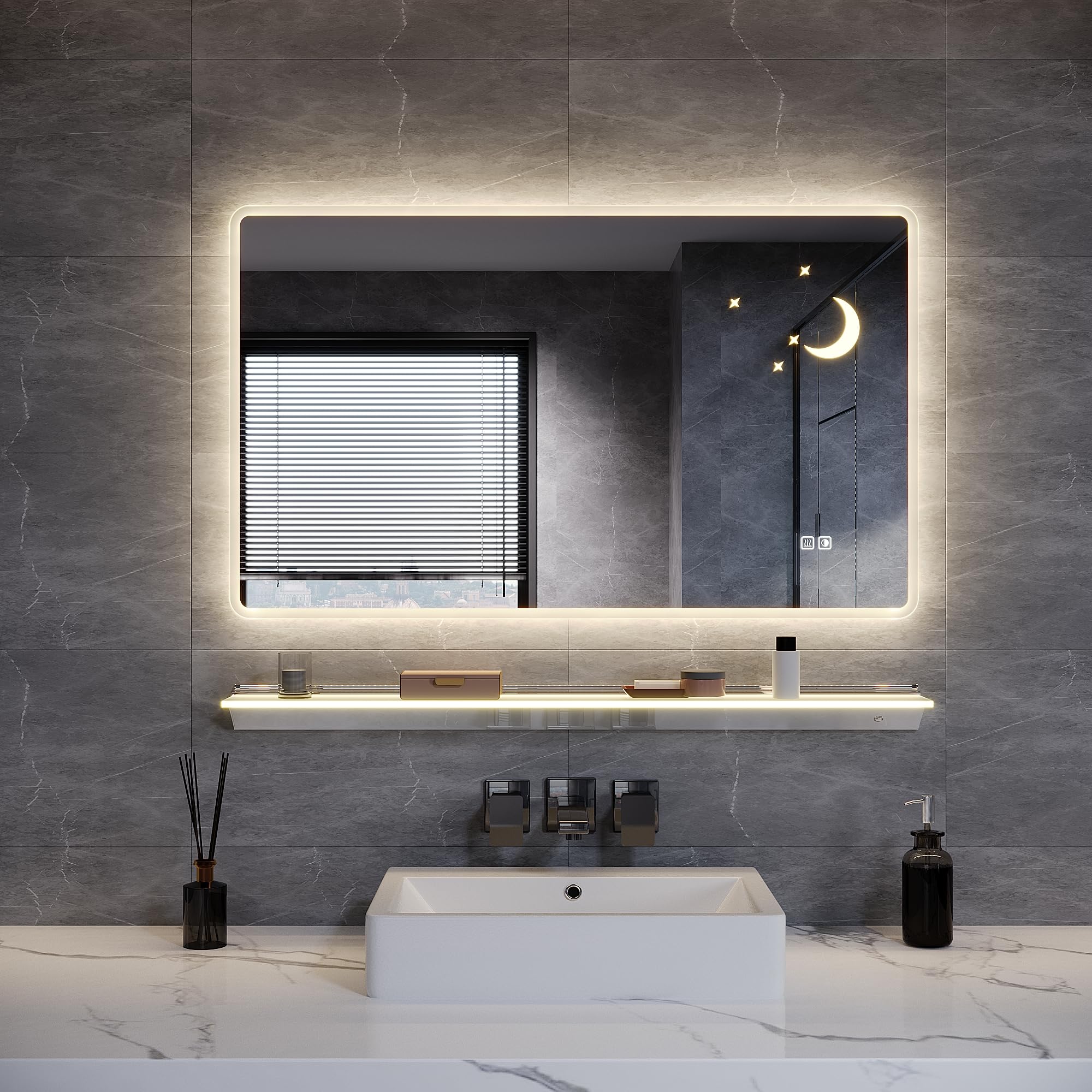 ELEGANT LED Bathroom Mirror with Shaver Socket, 1000 x 600 mm Illuminated Bathroom Wall Mirror Star & Moon Mirror with 3 Colors Dimmable, Defogging, 100cm Wall Shelf with LED Lighting
