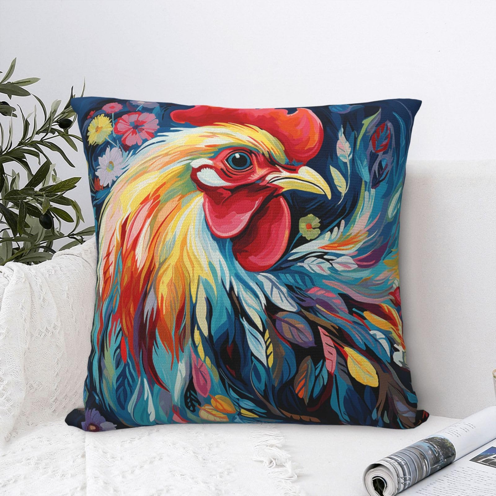 FodPand Luxury Velvet Throw Pillow Covers 24"x24" Super Soft Decorative Pillow Cases - Art Colorful Chicken Pillowcases Modern Lumbar Cushion Cases for Couch Sofa Bed Pillow Shams