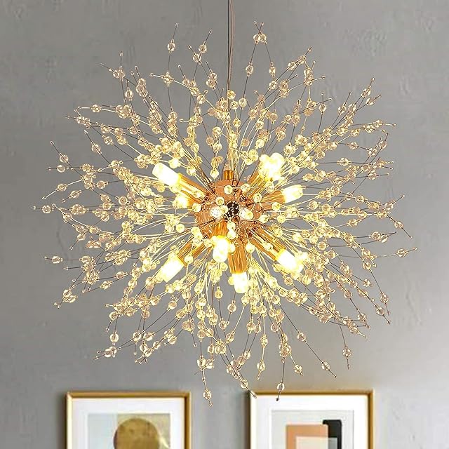 Modern Firework Chandeliers Dandelion Pendant Light, 8 Lights G9 Lamps Alloy Fixtures - With Bulb and 32 Strings Crystal, for Living Room, Bedroom, Dining, Foyer, Hallway, Shop (Gold, Warm Light)