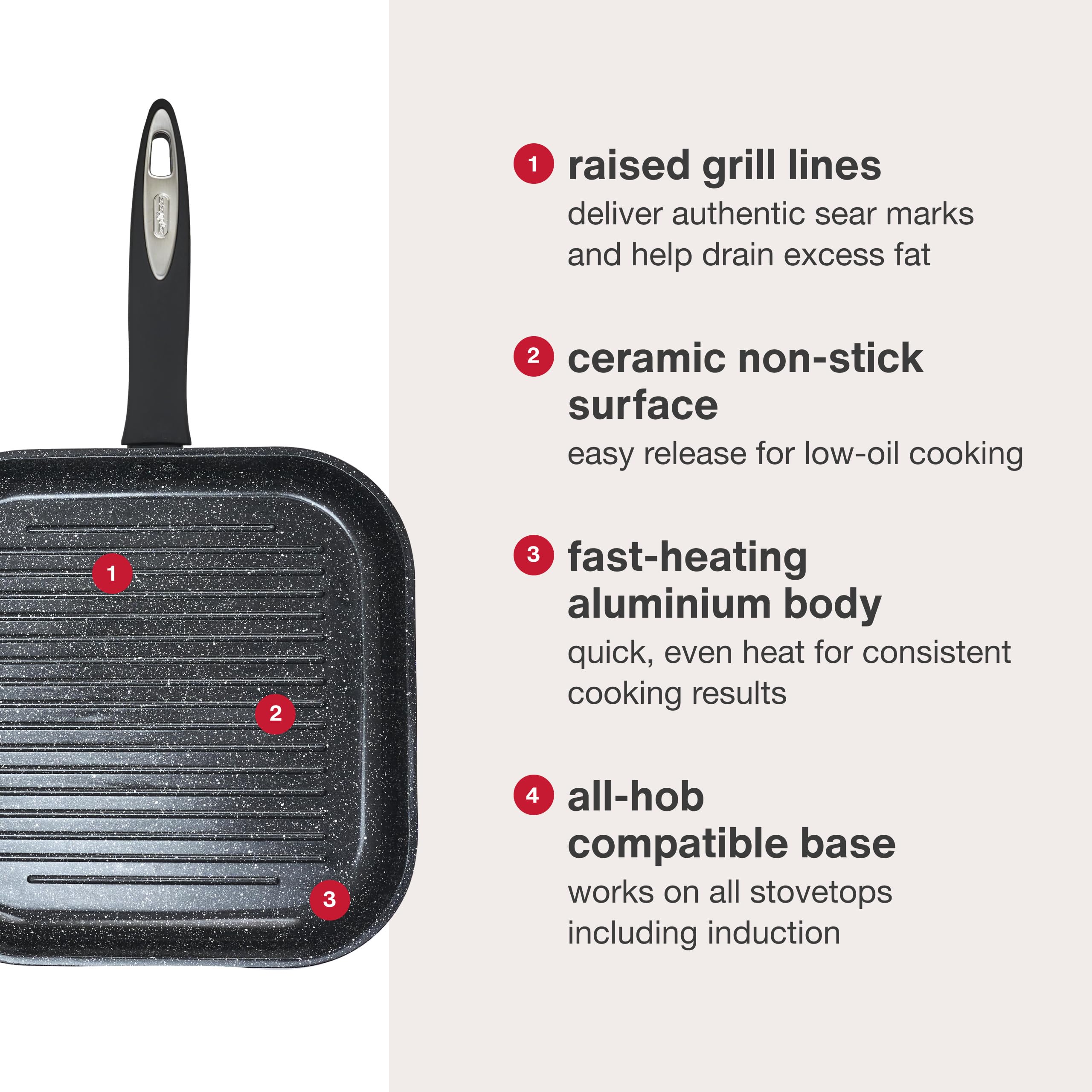 Zyliss Ultimate Sartén Grill Antiadherente de Cerámica 26x26 cm, sin PFOA | Apto para inducción y horno, No Tóxica para cocina saludable, Apto para lavavajillas, aluminio forjado, garantía de 10 años