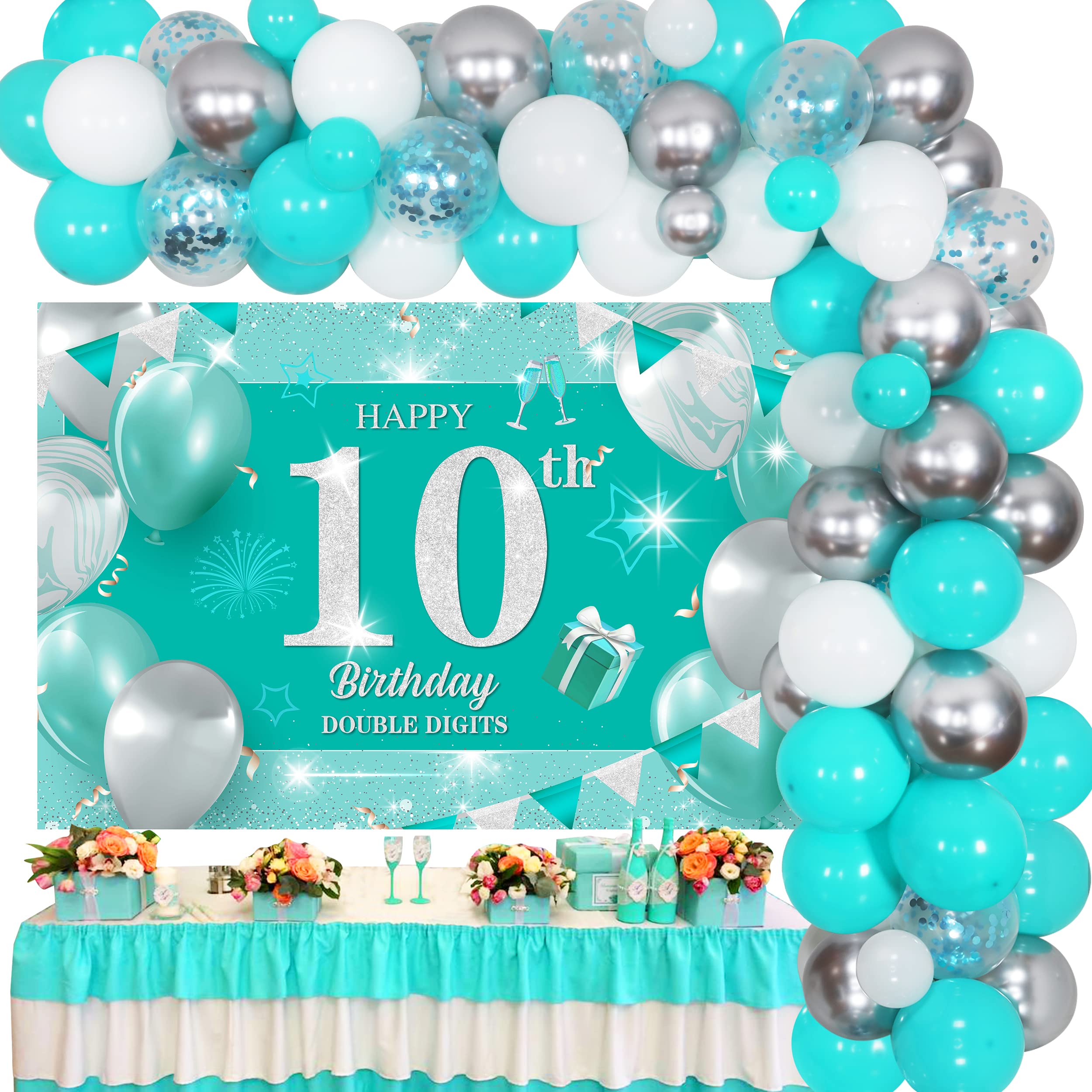 Teal Blue 10th Birthday Decorations, Sweet Turquoise Silver Balloon Garland Kit, Tenth Birthday Backdrop for 10 Years Old Girls’ Birthday Party Supplies