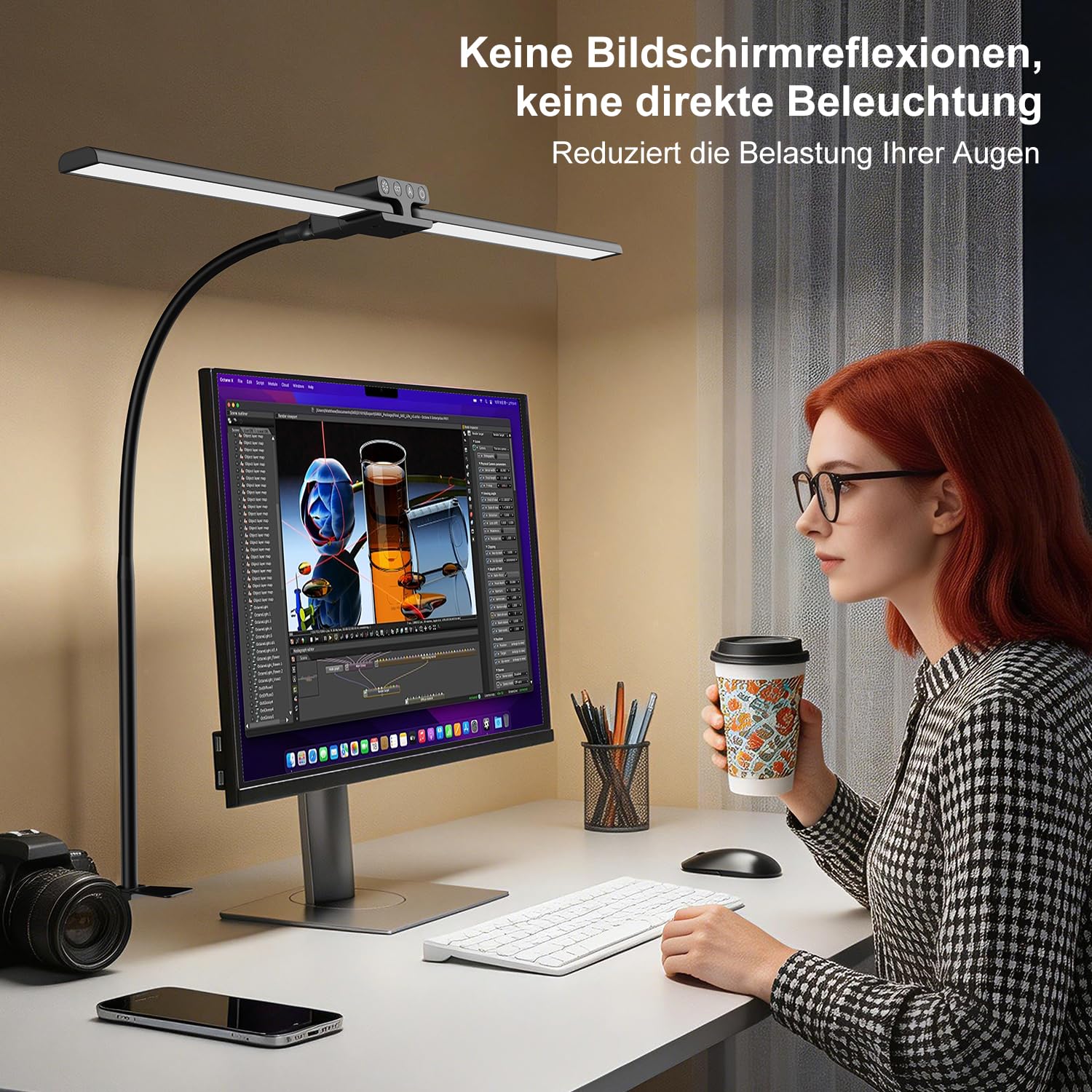 KableRika Lámpara de Escritorio LED Doble Cabeza 24W 80cm Negra | 1200 Lúmenes, Brazo Flexible con Pinza, 4 Temperaturas y 4 Niveles de Luminosidad, Protección Ocular, Teletrabajo y Pantallas