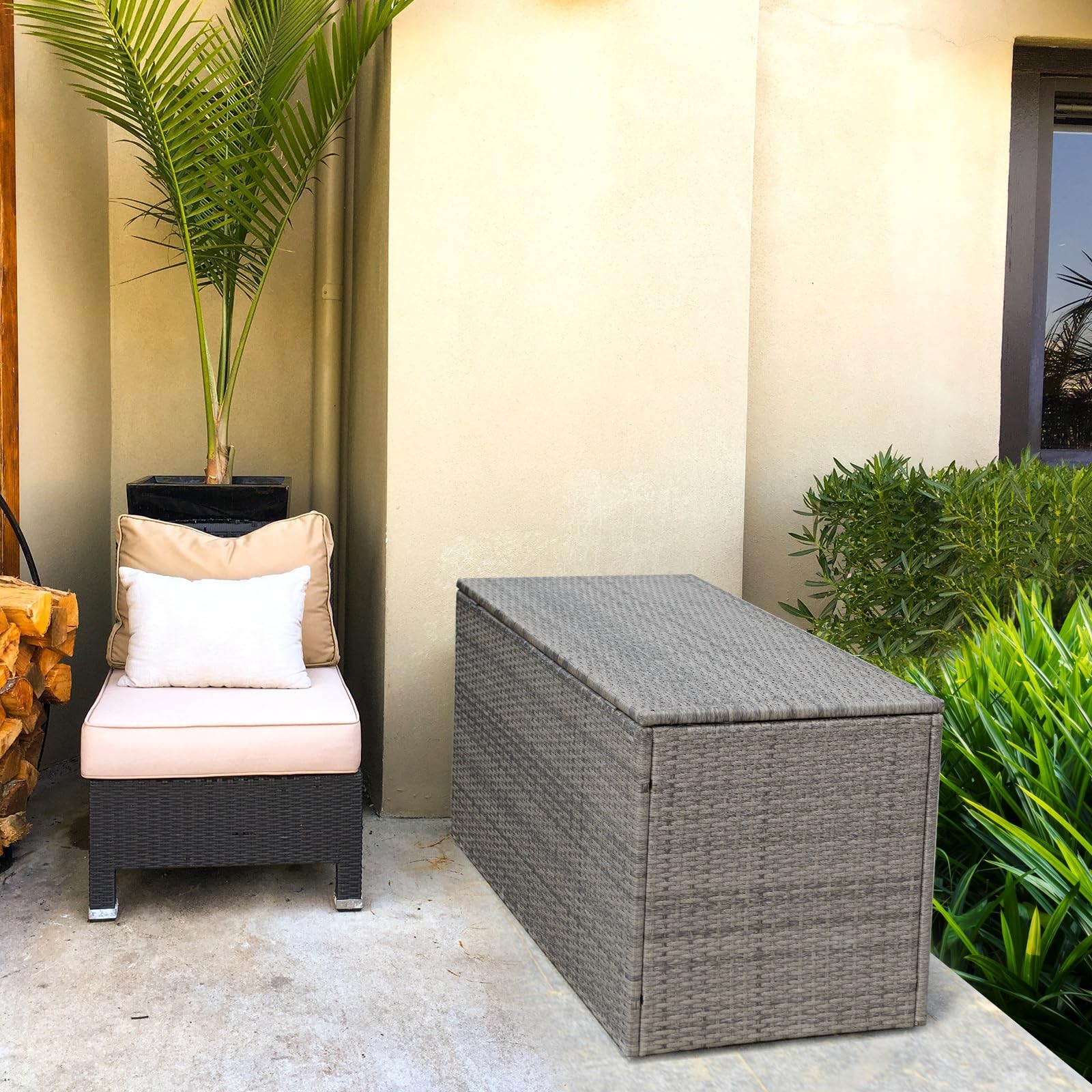 LIFEZEAL Caja de almacenaje de 2 niveles de ratán PE, Baúl grande con 2 puertas y tapa, Armario para jardín, balcón, piscina, salón, interior exterior, 115x60x65 cm (Gris)
