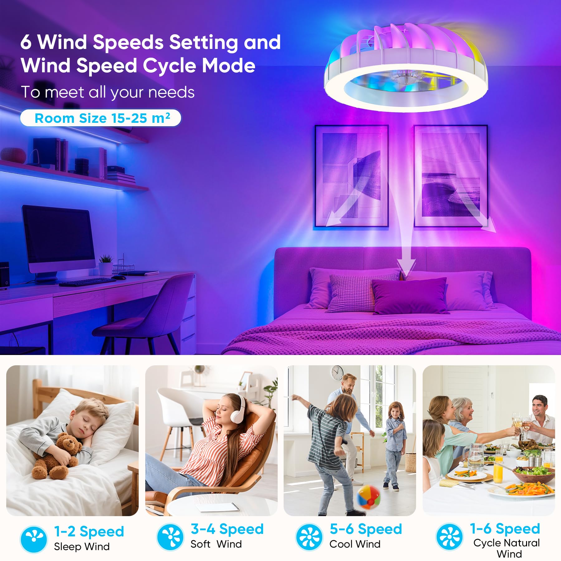 46cm Ventilatore da Soffitto con Luce e Telecomando, 6 Velocità Silenzioso Lampadario con Ventilatore da Soffitto, Timer, 3000k-6500k & RGB Plafoniera Ventilatore per Camera da Letto Soggiorno
