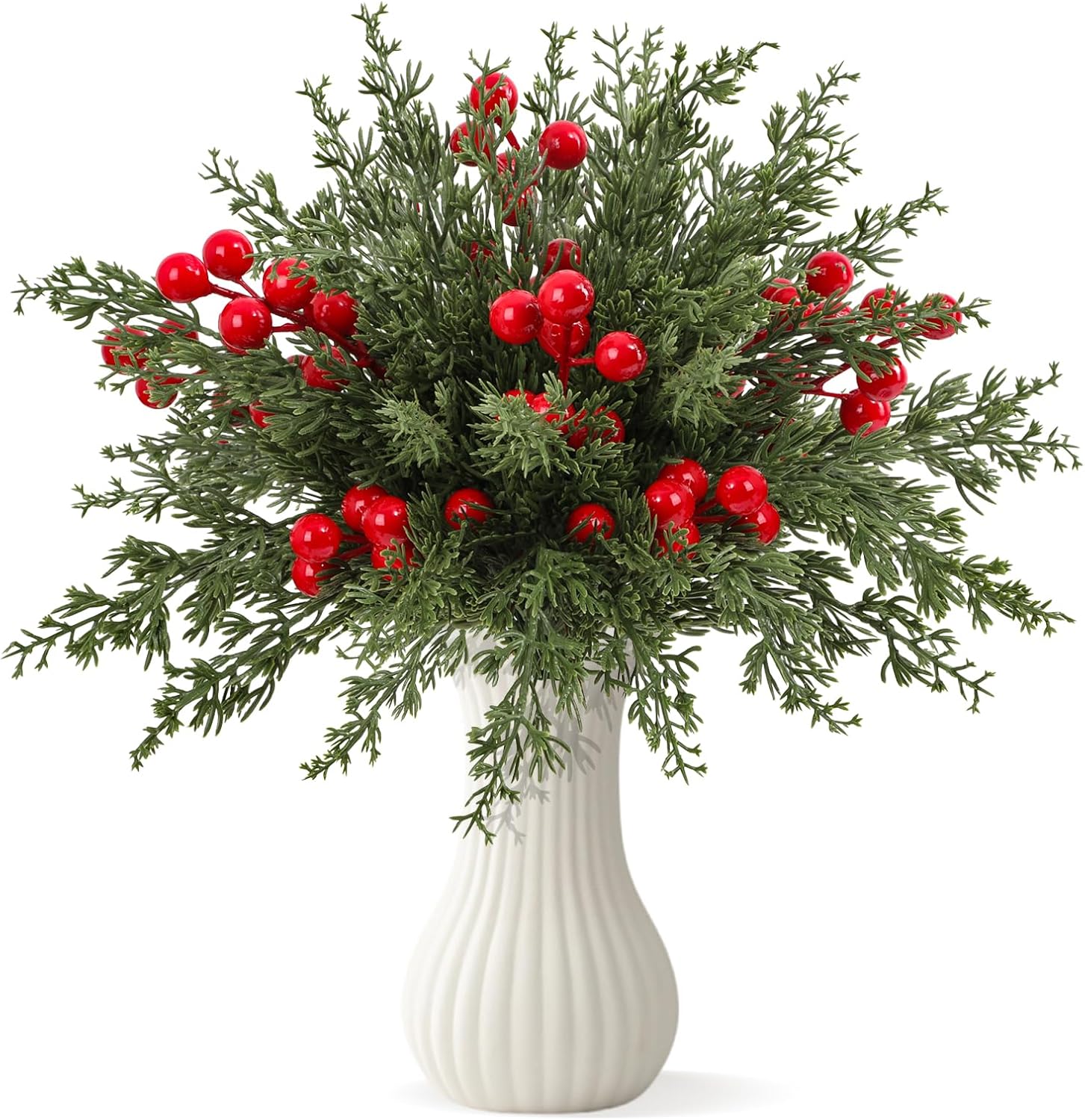Dapclca 50 Pcs Christmas Artificial Pine Branches with Red Berry Stems, 10.5" Faux Evergreen Norfolk Pine Cypress Leaves Stems- Fake Foliage Pine Needles Picks for DIY Craft Garland Home Décor