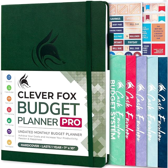 Clever Fox Budget Planner PRO - Financial Organizer + Cash Envelopes. Monthly Finance Journal, Expense Tracker & Personal Account Book, Undated, 18 x 25.5cm - Dark Green