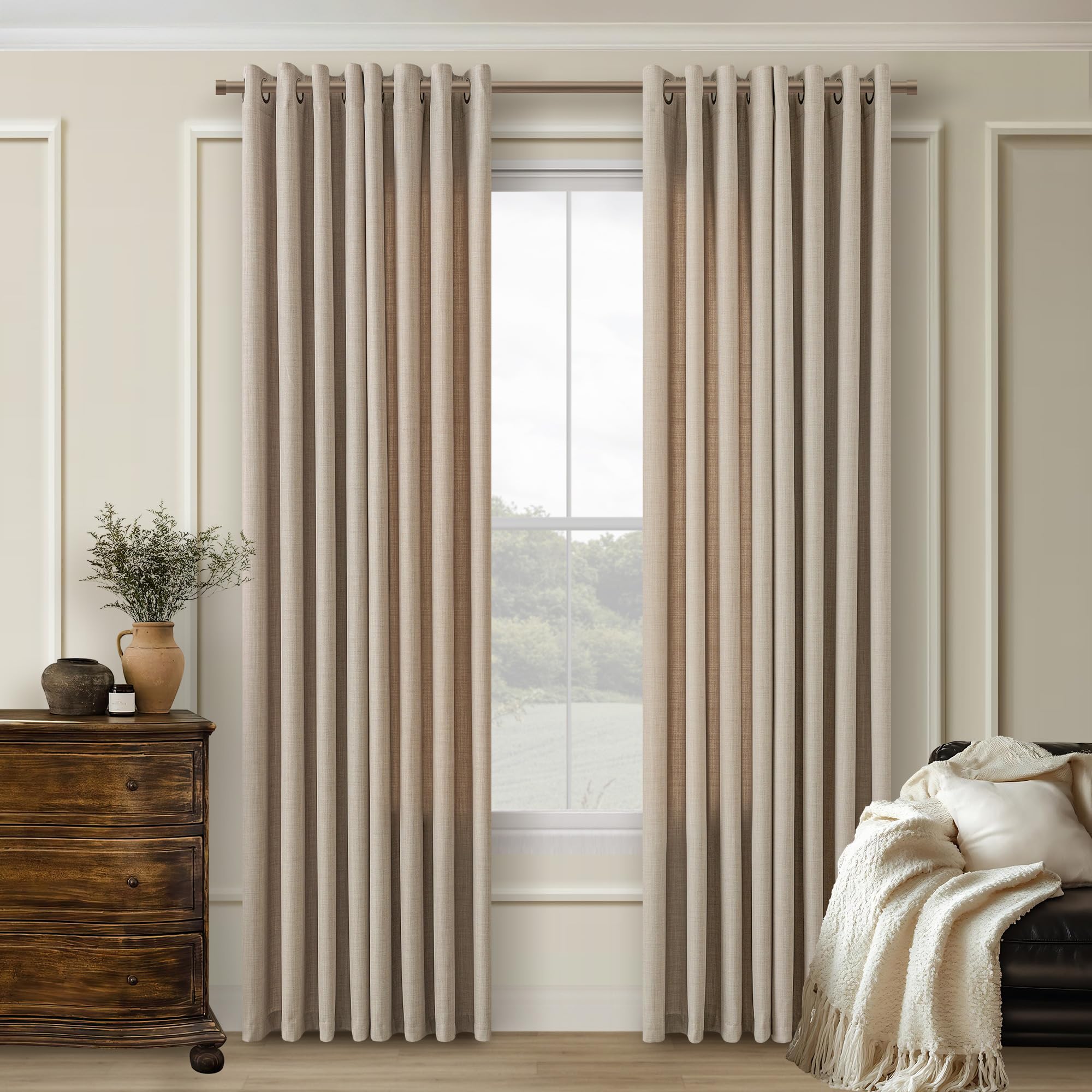 DUKIYO Taupe 100 Inches Long Faux Linen Curtains Semi Sheer Privacy Drapes
