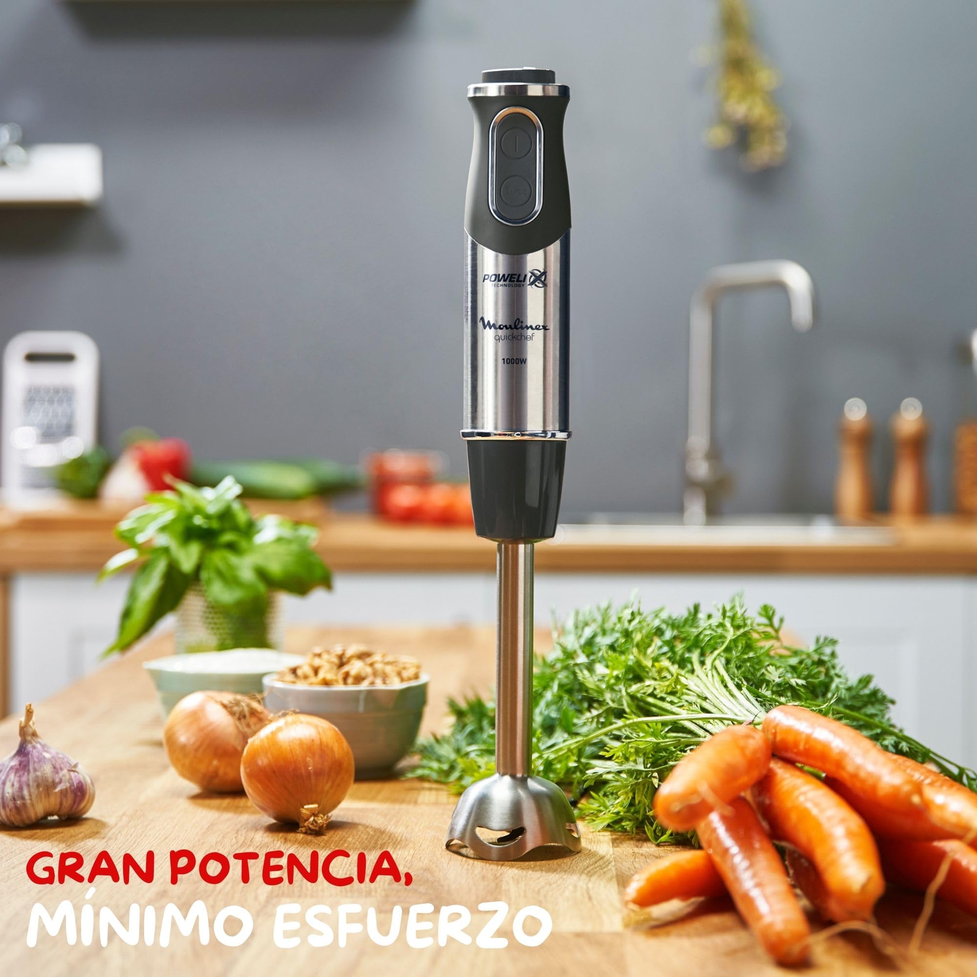 Moulinex Quickchef, Batidora de mano 1000 W con 4 accesorios, 10 velocidades, accesorio pasapuré, picadora, varillas, vaso medidor y pie metálico, cuchillas de acero robustas DD65H810